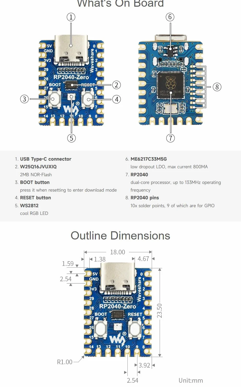 Waveshare RP2040-Zero with Pre-soldered Header(2pcs), High-Performance Pico-Like MCU Board Based on Raspberry Pi Microcontroller RP2040 Castellated Module Allows Soldering Direct to Carrier Boards