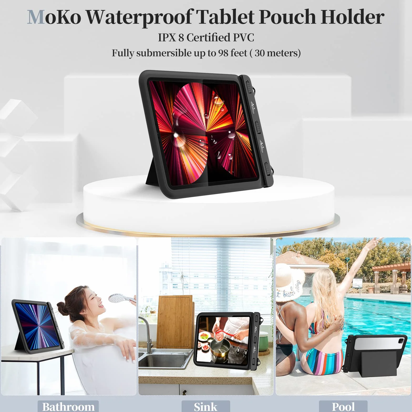 MoKo Waterproof Tablet Pouch Holder Dry Bag for Bathroom and Kitchen - Stand Case Compatible with iPad 9, Air 5, Pro 11, 10.2, Galaxy Tab S6/S7, A 10.1, S 10.5, Fire HD 10
