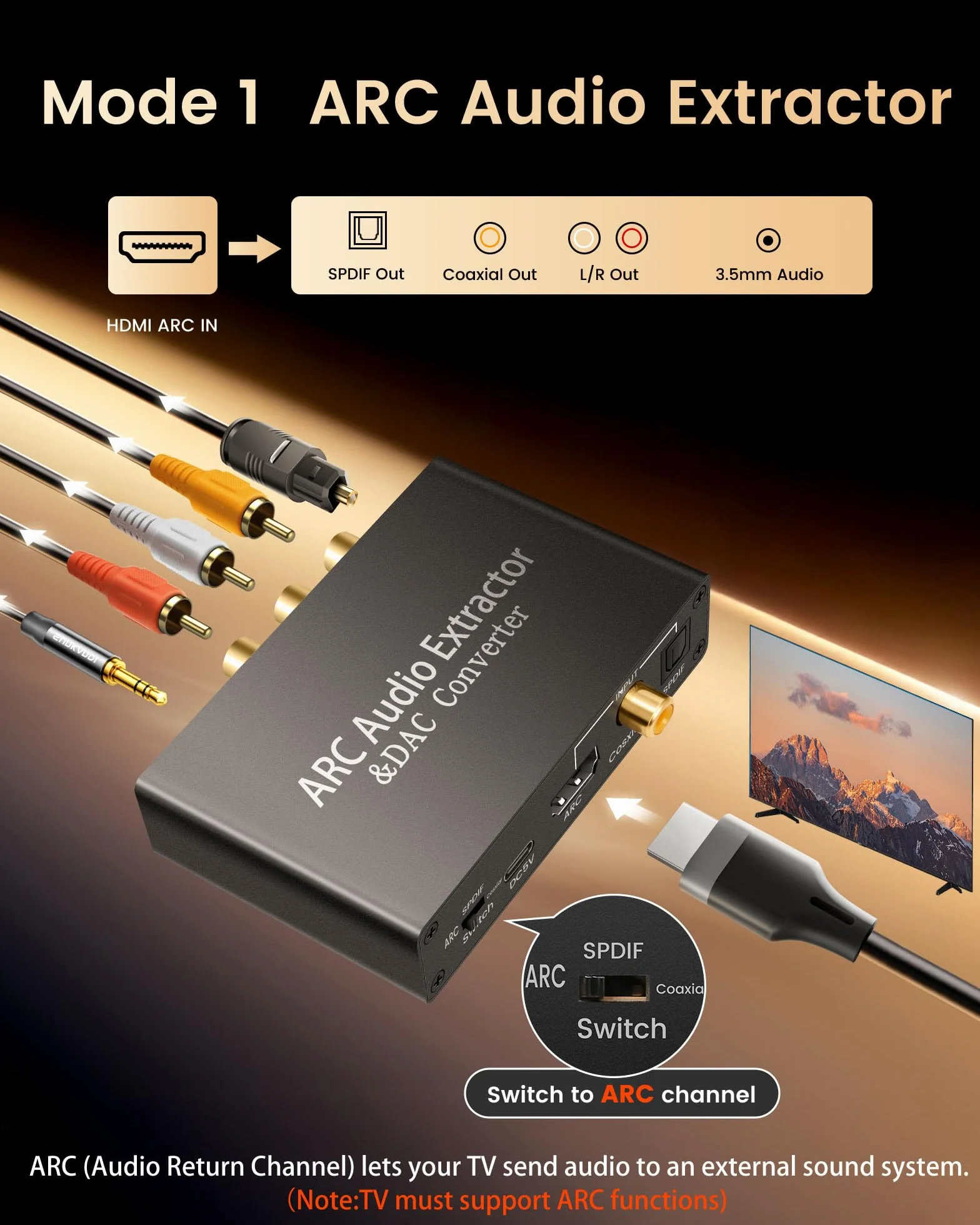 HDMI ARC Audio Extractor DAC konwerter audio, 192 kHz konwerter cyfrowy na analogowy z CEC, HDMI ARC/Optical/Coaxial Input, SPDIF/Optical/RCA/3,5 mm Stereo Output