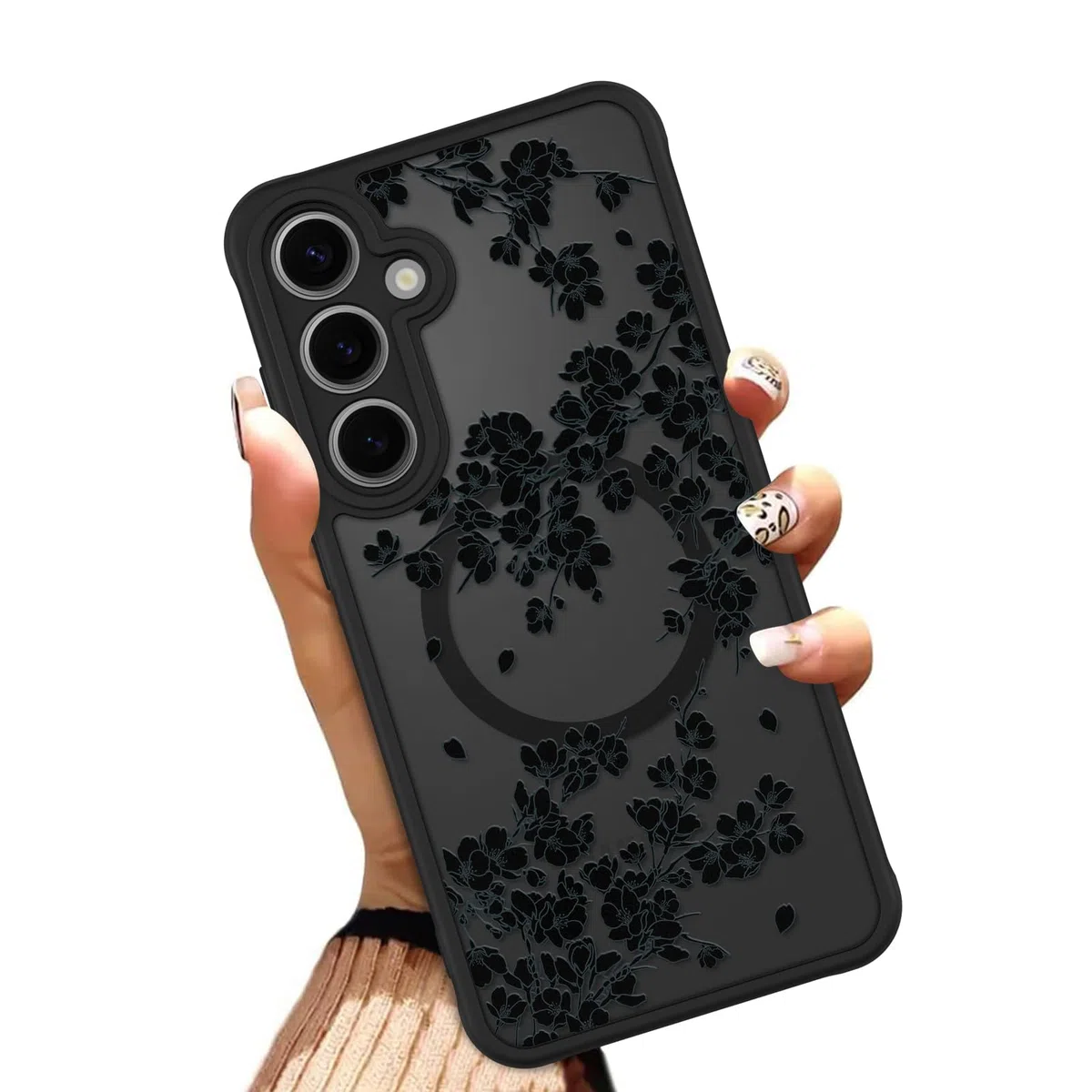 OOK Etui do telefonu Samsung Galaxy S24 FE 6,7 cala (kompatybilne z bezprzewodowym ładowaniem) czarne kwiaty, kwiatowy wzór, półprzezroczyste etui na telefon, miękkie tworzywo TPU + twardy PC, odporne
