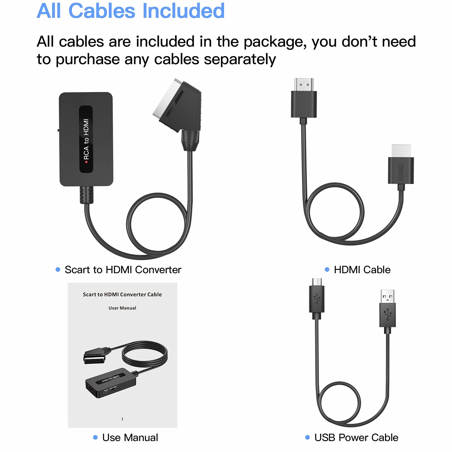 Konwerter kabli scart na HDMI z kabelami HDMI, konwerter Scart In do Sky/DVD/STB