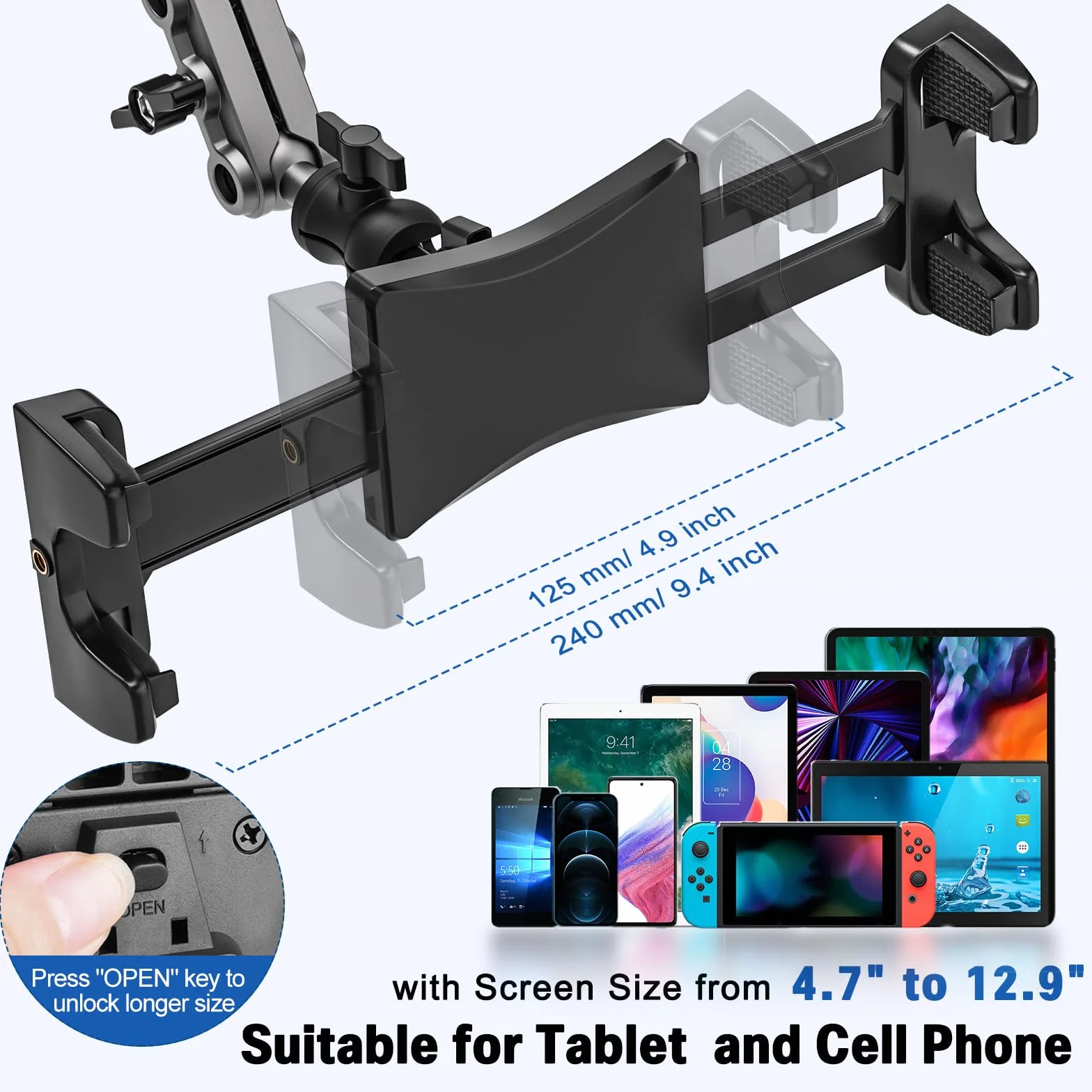 Tendak Uchwyt na iPada do rowerka treningowego, statywu mikrofonowego, 360 stopni regulowany uchwyt zaciskowy pasuje do iPad Pro 12.9, Air Mini, Surface Pro, Samsung Galaxy Tab, wszystkich telefonów i