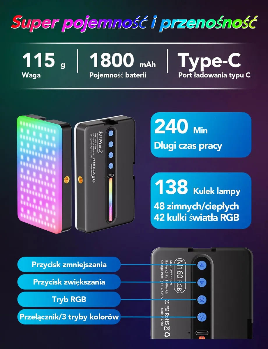 Lampki do Selfie RGB 138 Światło Kamery LED Przenośne 10 kolorów | Oświetlenie Fotograficzne Regulowana jasność 30 Trybami Scen Akumulatorowe Oświetlenie Wideo CRI 95 do Telefonu Aparatu