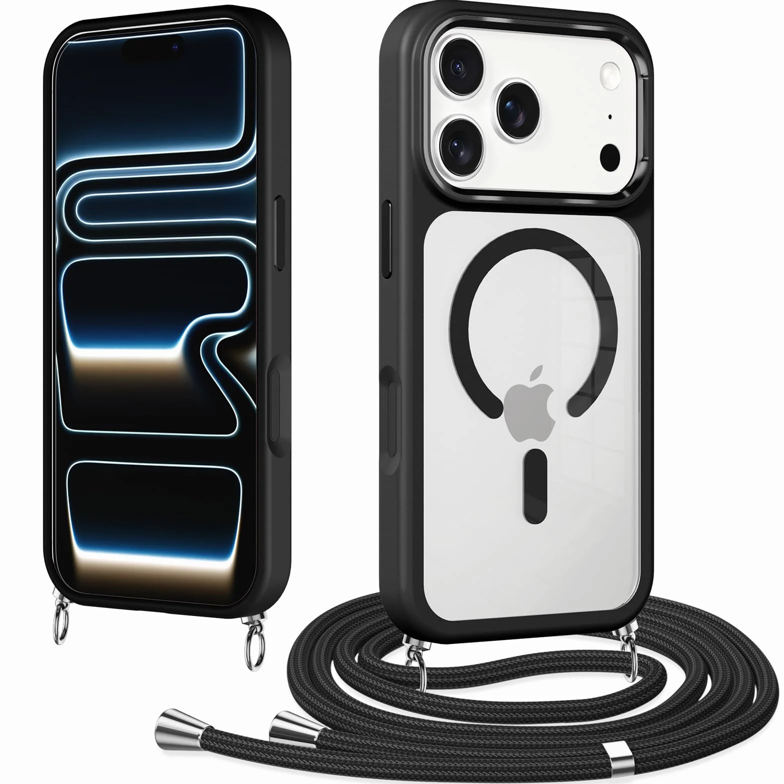 Pnakqil Magnetyczne etui na iPhone'a 17 Pro ze smyczą, kompatybilne z MagSafe, twarde etui PC cienkie silikonowe TPU odporne na wstrząsy zderzak ochronny ze sznurkiem naszyjnik pasek na ramię etui