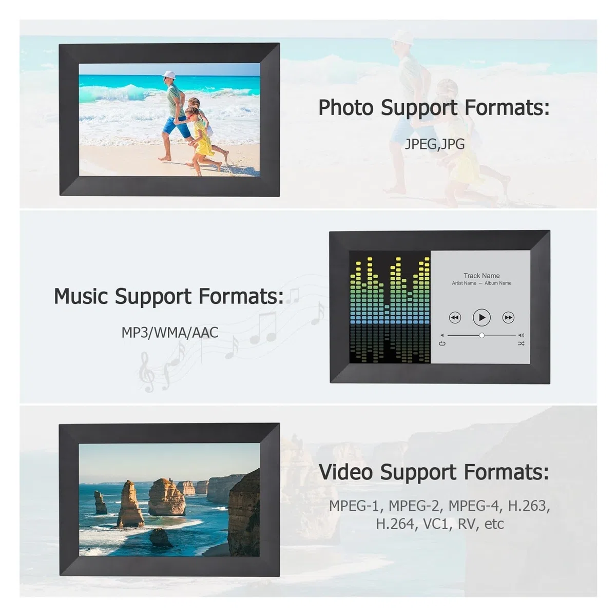 8-calowa Inteligentna Ramka Na Zdjęcia WiFi Cyfrowa Album Fotograficzny IPS Ekran Dotykowy 1280 * 800 Zdjęcie 1080P Wideo 16 GB Pamięci WyjąTkowe WrażEnia Wizualne(Black 10.1 Inch)