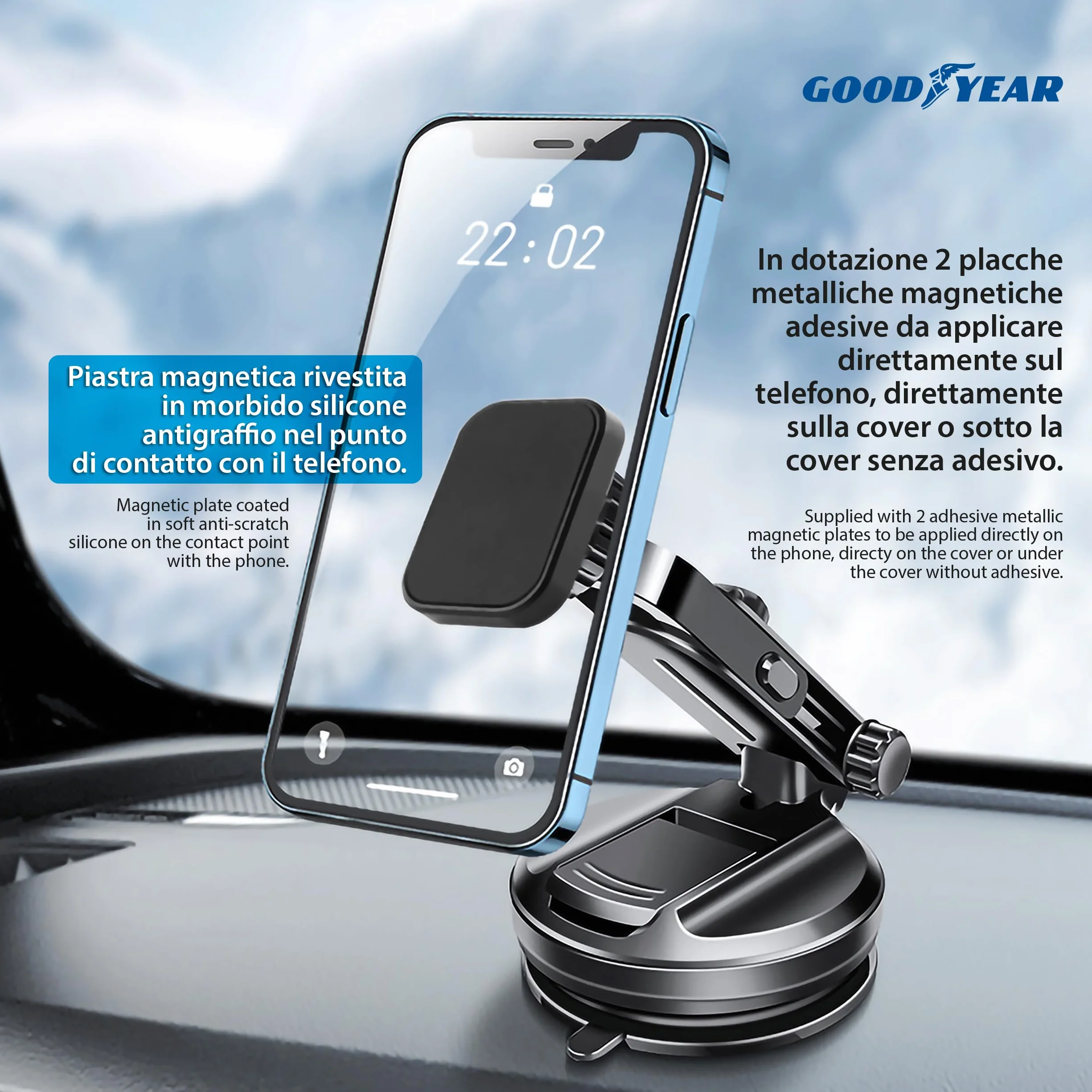 Goodyear Magnetyczny uchwyt na telefon z uniwersalną przyssawką do deski rozdzielczej i przedniej szyby, w zestawie 2 magnesy, obrotowa płyta magnetyczna o 360°, ramię regulowane do 15,2 cm, do