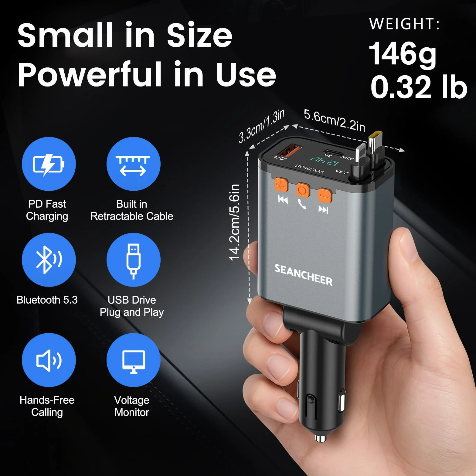 SEANCHEER Adapter Bluetooth do samochodu i zapalniczki samochodowej USB C, 69 W, ładowarka samochodowa z 2 zwijanymi kablami, transmiter FM