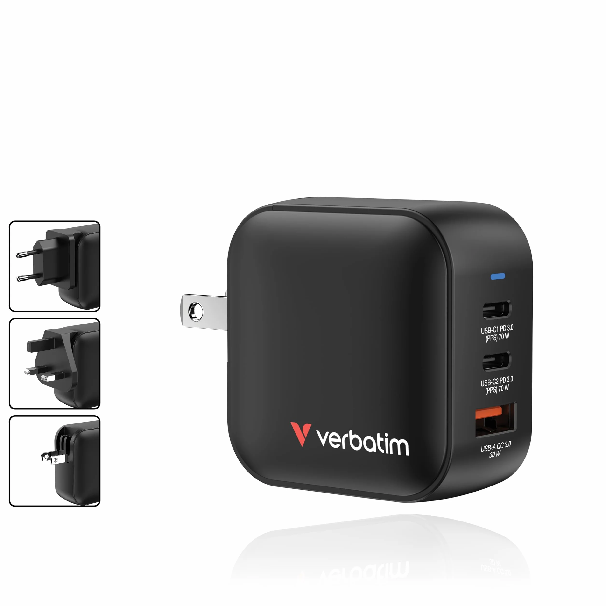 Verbatim Mini GaN Charger 70 W, 3 porty USB-C ładowarka z 2 x USB-C i 1 x USB-A, szybka ładowarka jako wtyczka wielokrotna, do Apple iPad, iPhone, Samsung & Co, do UE, UK, USA