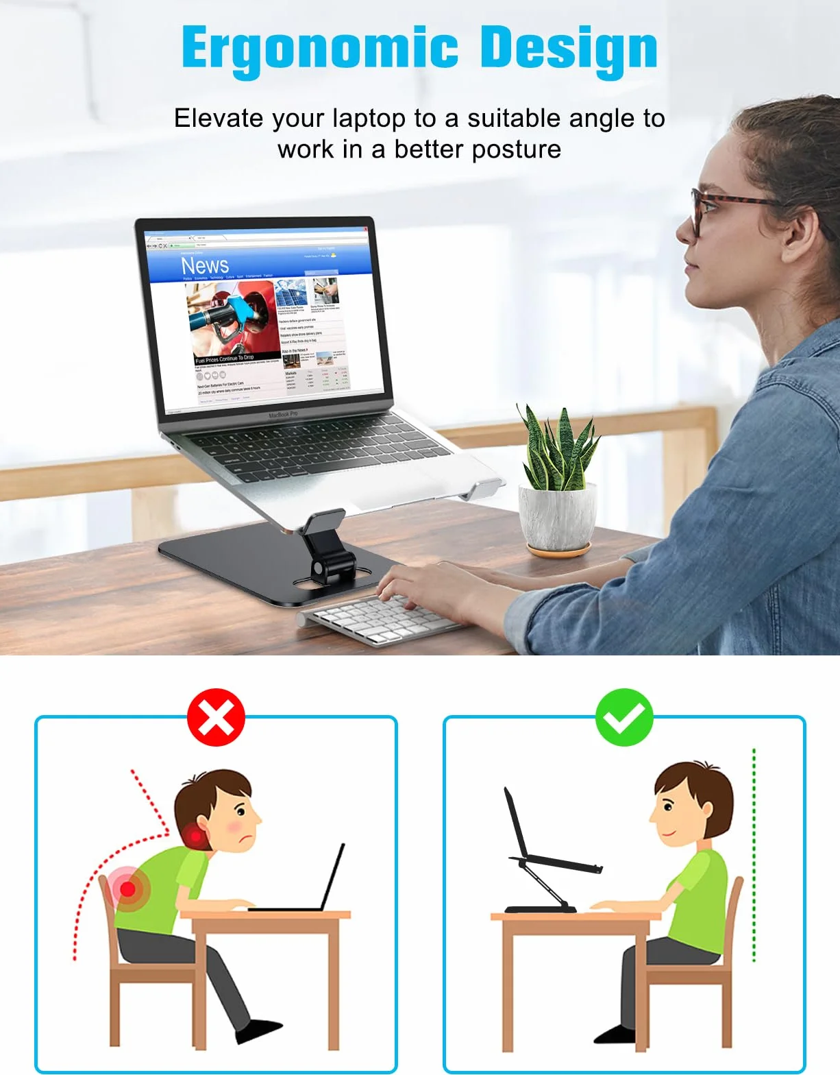 Babacom Stojak na laptopa z regulacją wysokości, składany, aluminiowy, ergonomiczny, wentylowany, kompatybilny z MacBook Air Pro i laptopami 10-16", czarny