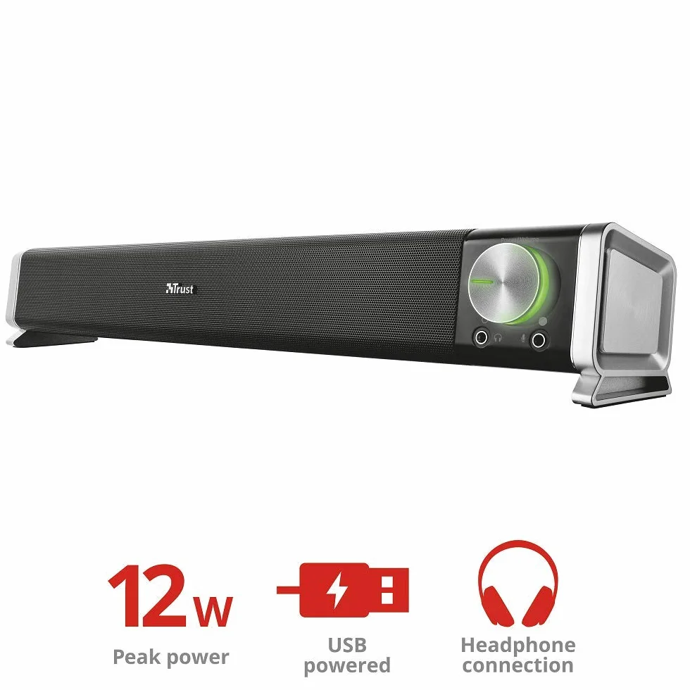 Trust Asto 12 W głośnik PC Soundbar, ze złączami do słuchawek i mikrofonu, zasilanie USB, system audio do komputera, laptopa, telewizora - czarny