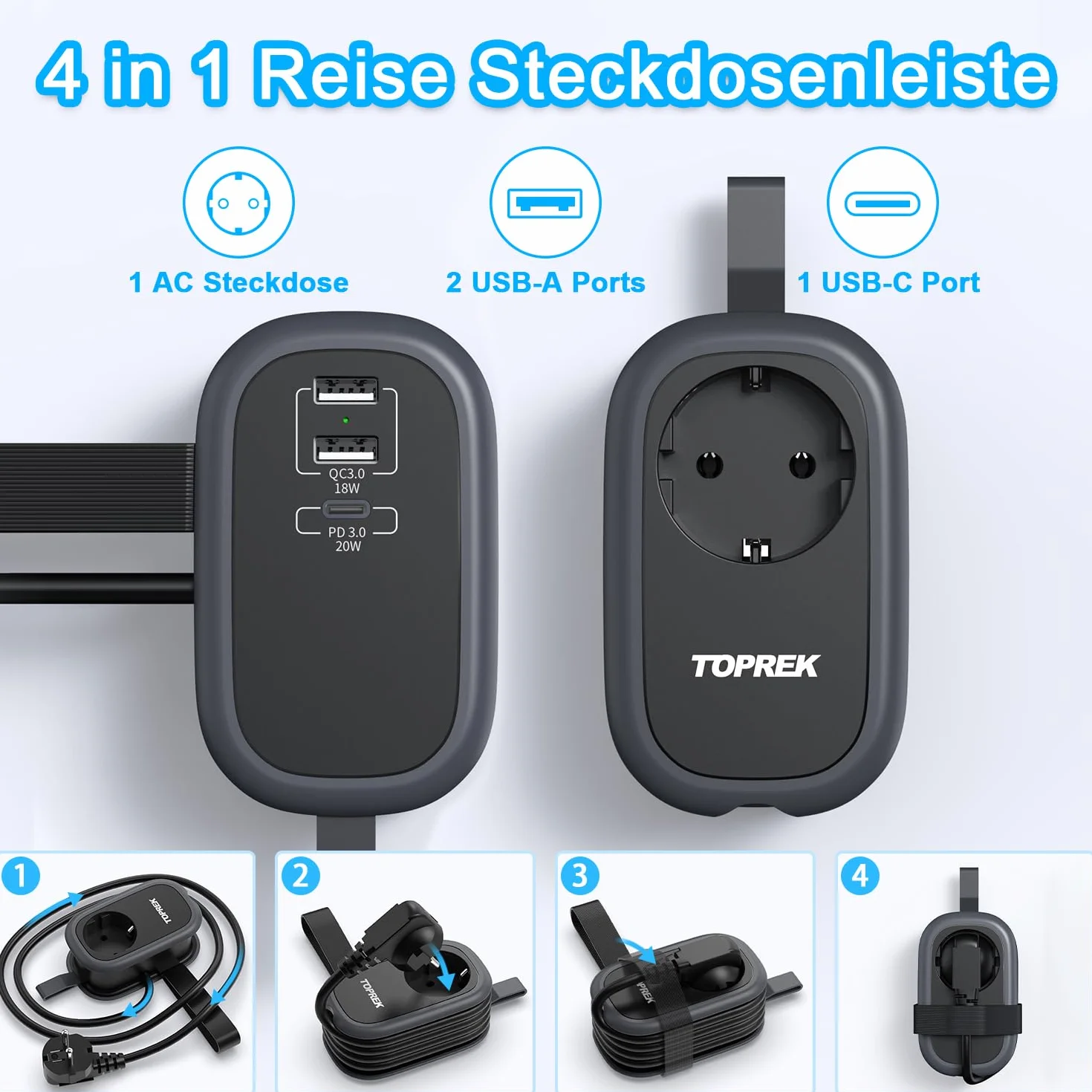 Podróżna listwa zasilająca z 3 gniazdami USB, 4000 W/16 A i szybkim ładowaniem USB C, z wieloma wtyczkami, zabezpieczeniem przeciwprzepięciowym w gnieździe dystrybucyjnym z przedłużaczem owiniętym 1,1
