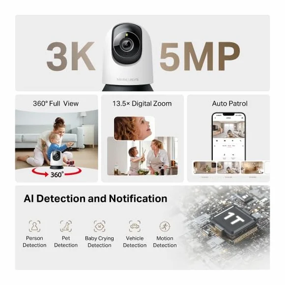 MERCUSYS MC230 3K 5MP kamera do monitoringu wewnątrz 360° WLAN 2,4 GHz noktowizor dwukierunkowe audio AI