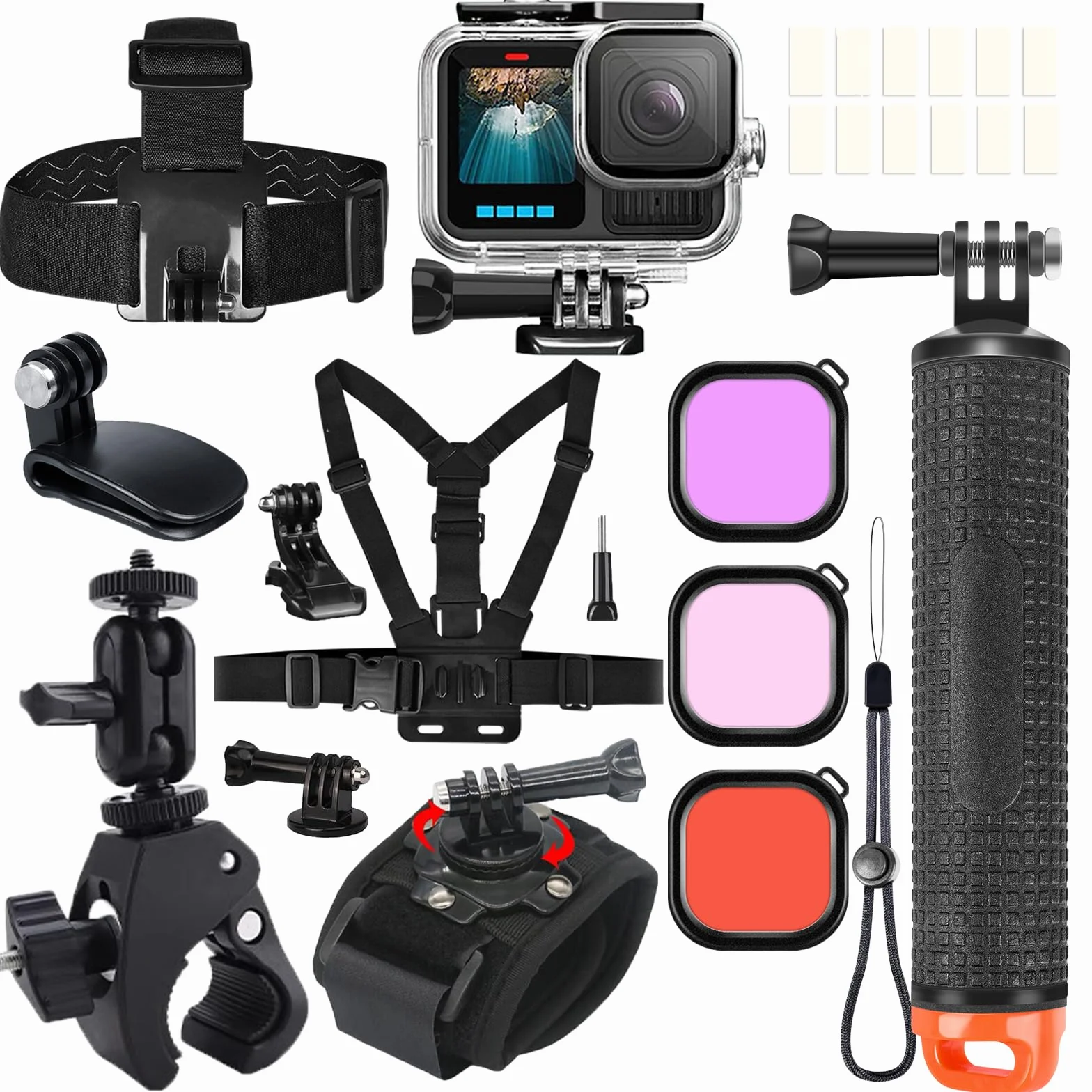 Zestaw obudowa nurkowa do GoPro Hero 9-13 z uchwytem pływającym i filtrem czerwonym