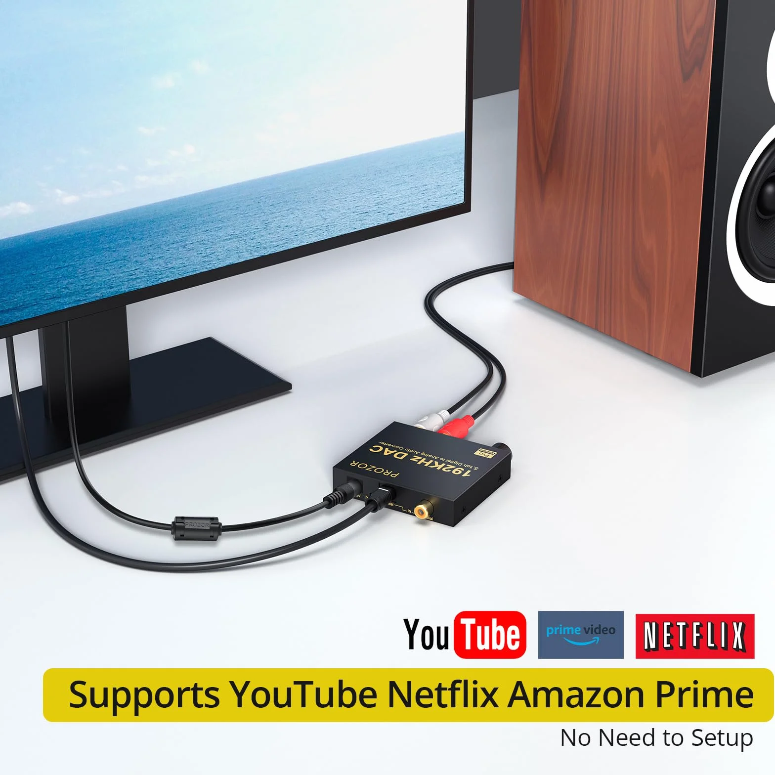 PROZOR Cyfrowy na analogowy konwerter audio 192 kHz obsługuje Dolby AC-3 DTS 5.1CH z regulacją głośności, dekoder optyczny na RCA DAC, cyfrowy konwerter DAC SPDIF TOSLINK na stereo L/R i gniazdo 3,5