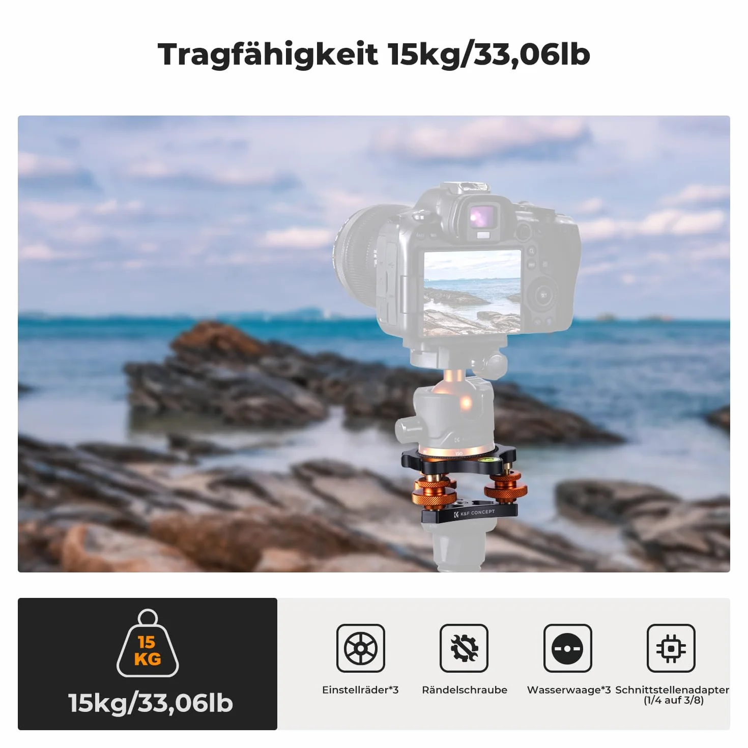 K&F Concept Podstawa do poziomowania głowicy statywu, aluminiowa podstawa poziomująca ze śrubą 3/8", precyzyjna regulacja kąta -5°, trójkołowiec do makro fotografii panoramicznej, z adapterem 1/4 na 3