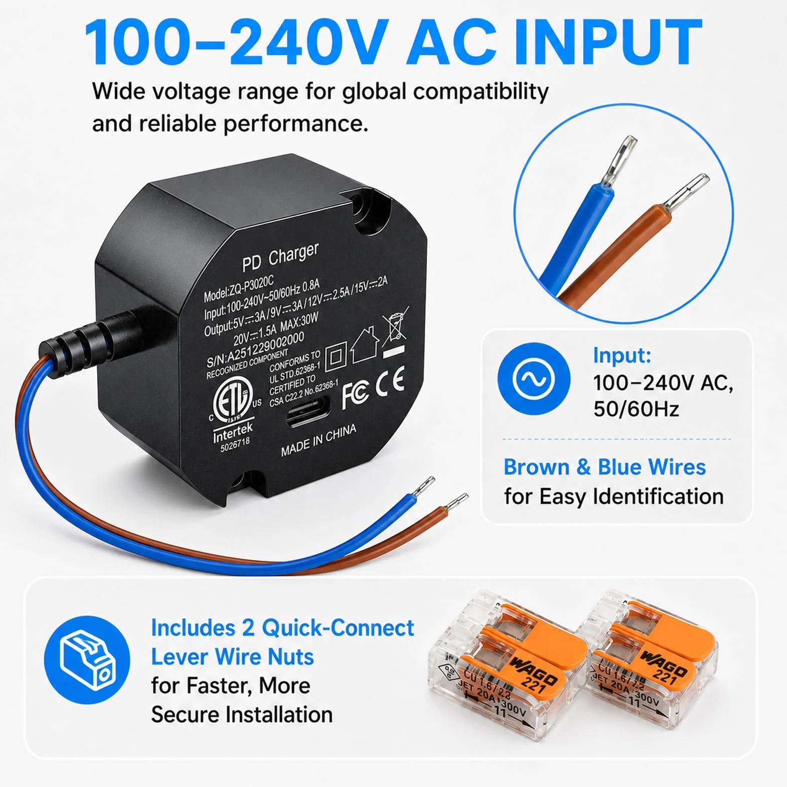 Ładowarka USB typu C 30 W, montaż ścienny AC na typ C, zasilacz do tabletu podtynkowego, zasilacz PD3.0, szybka ładowarka 100-240 V 5 V3A/9V3A/12V2.5A/15V2A/20V1.5A ładowarka do skrzynki Junction Box