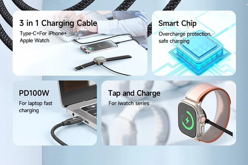 mcdodo Apple Watch 3 w 1 szybkie ładowanie magnetyczne USB-C kabel 100 W kompatybilny Watch Series Ultra 9 8 7 6 5 4/3 SE