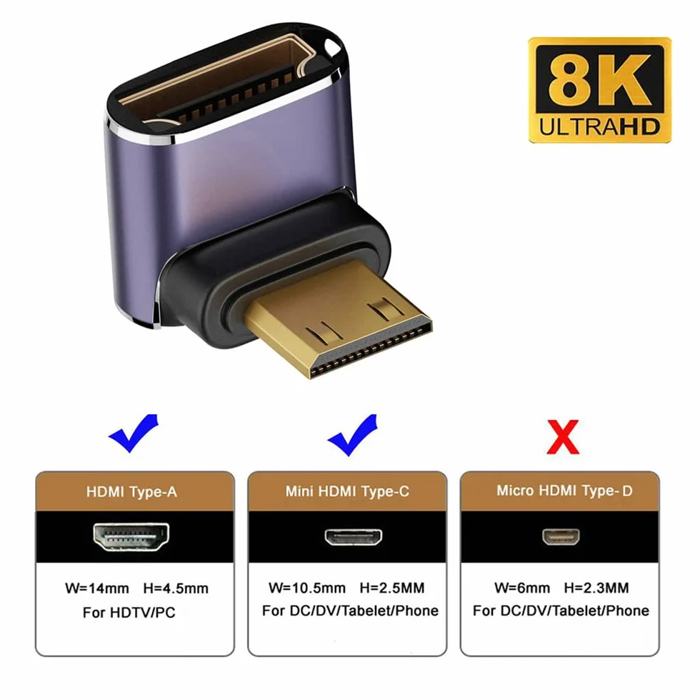 Kątowy mini HDMI męski na HDMI 2.1 żeński przedłużacz UHD złoty konwerter adapter obsługuje 8K 60 Hz HDTV