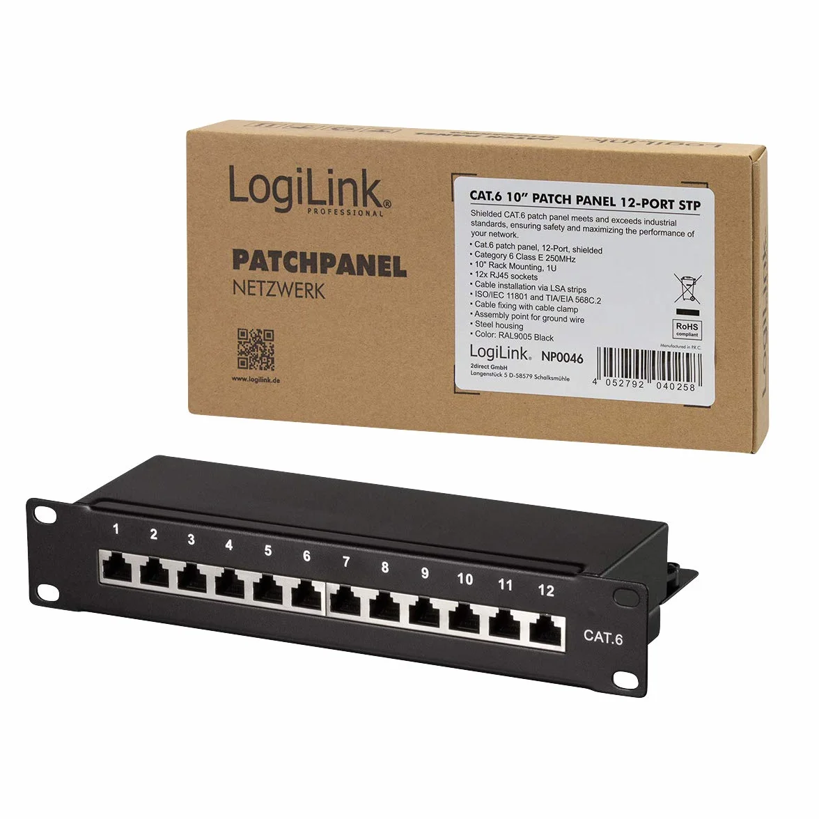 LogiLink Professional Cat.6 (250 MHz) panel krosowy - panel rozdzielczy, 10", STP (ekranowany) 12-portowy (RJ45)
