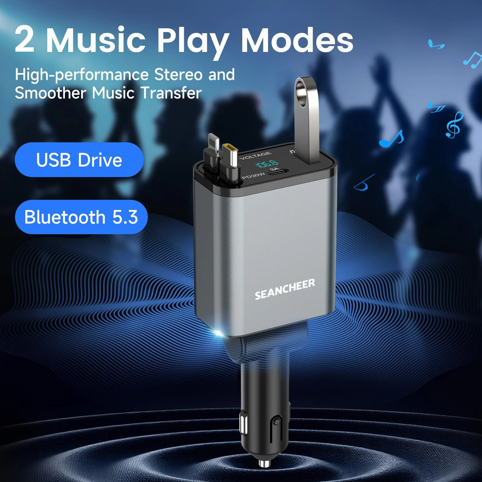 SEANCHEER Adapter Bluetooth do samochodu i zapalniczki samochodowej USB C, 69 W, ładowarka samochodowa z 2 zwijanymi kablami, transmiter FM
