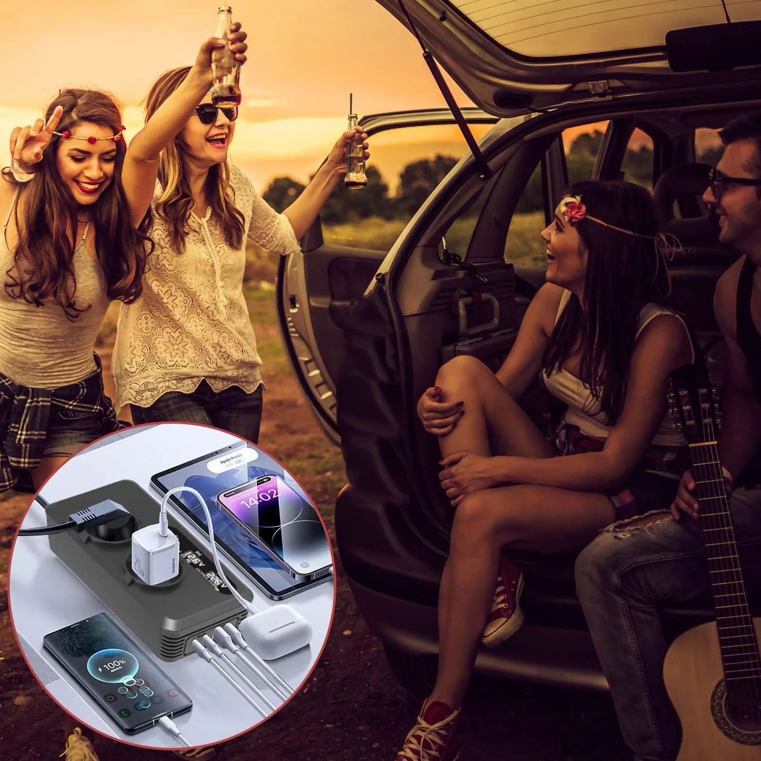 Samochodowa przetwornica napięcia 200 W, falownik 12 V na 220 V z 2 gniazdami ładującymi, 2 portami USB i 2 typami C, adapter do gniazda zapalniczki samochodowej, do telefonów komórkowych, laptopów