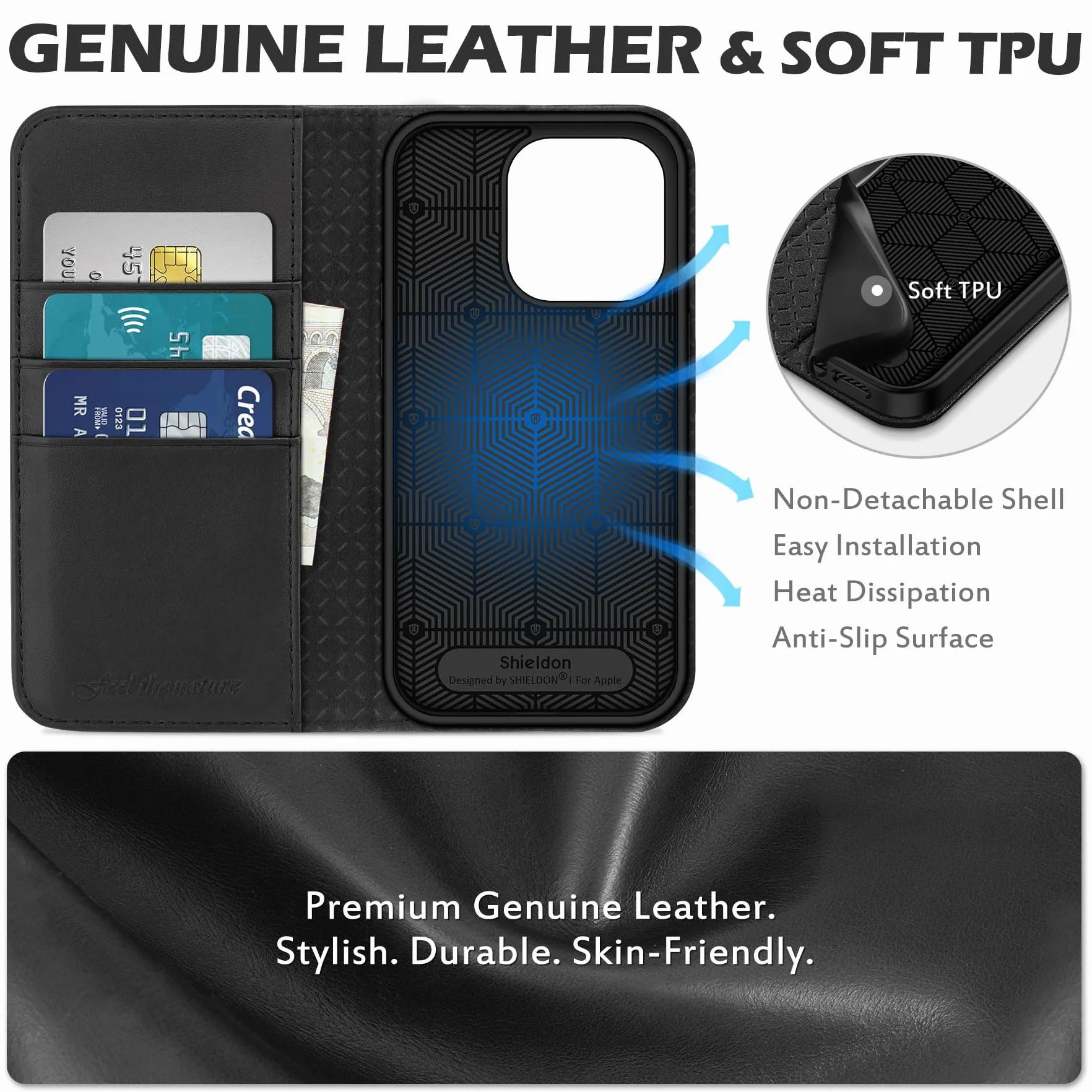 SHIELDON Etui do iPhone 14 Pro 5G, skórzane magnetyczne RFID, odporne etui TPU czarne