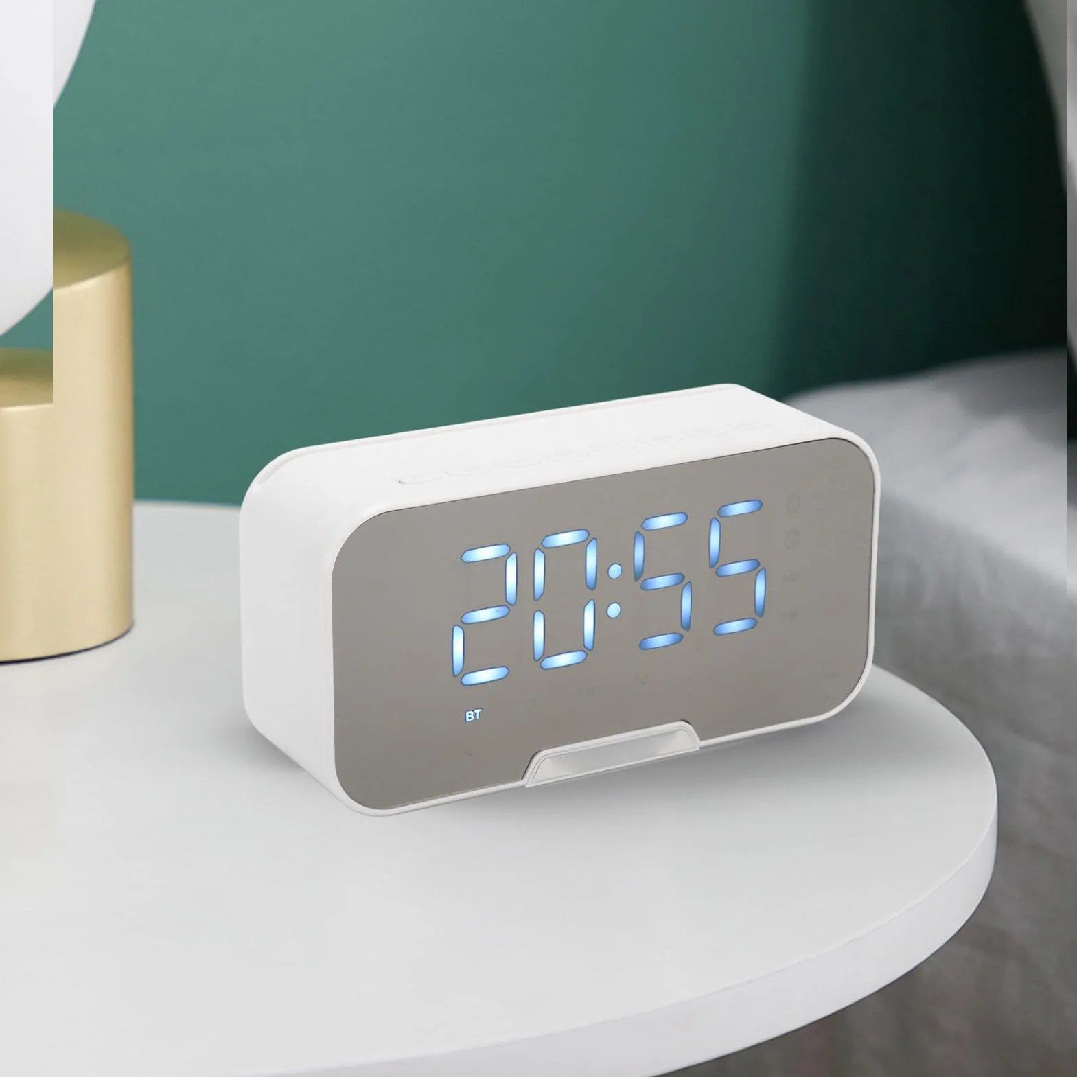 Głośnik Bluetooth z Cyfrowym Budzikiem, Wielofunkcyjny Głośnik z Lustrzanym Budzikiem i Radiem FM do Biura w Sypialni, Obsługa Radia FM z Wyświetlaczem Temperatury (Biały)