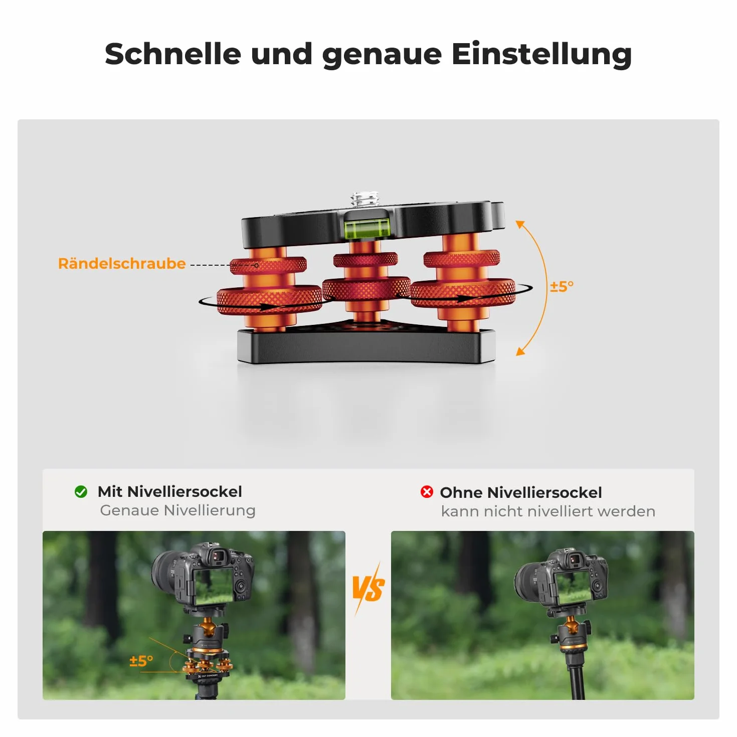 K&F Concept Podstawa do poziomowania głowicy statywu, aluminiowa podstawa poziomująca ze śrubą 3/8", precyzyjna regulacja kąta -5°, trójkołowiec do makro fotografii panoramicznej, z adapterem 1/4 na 3