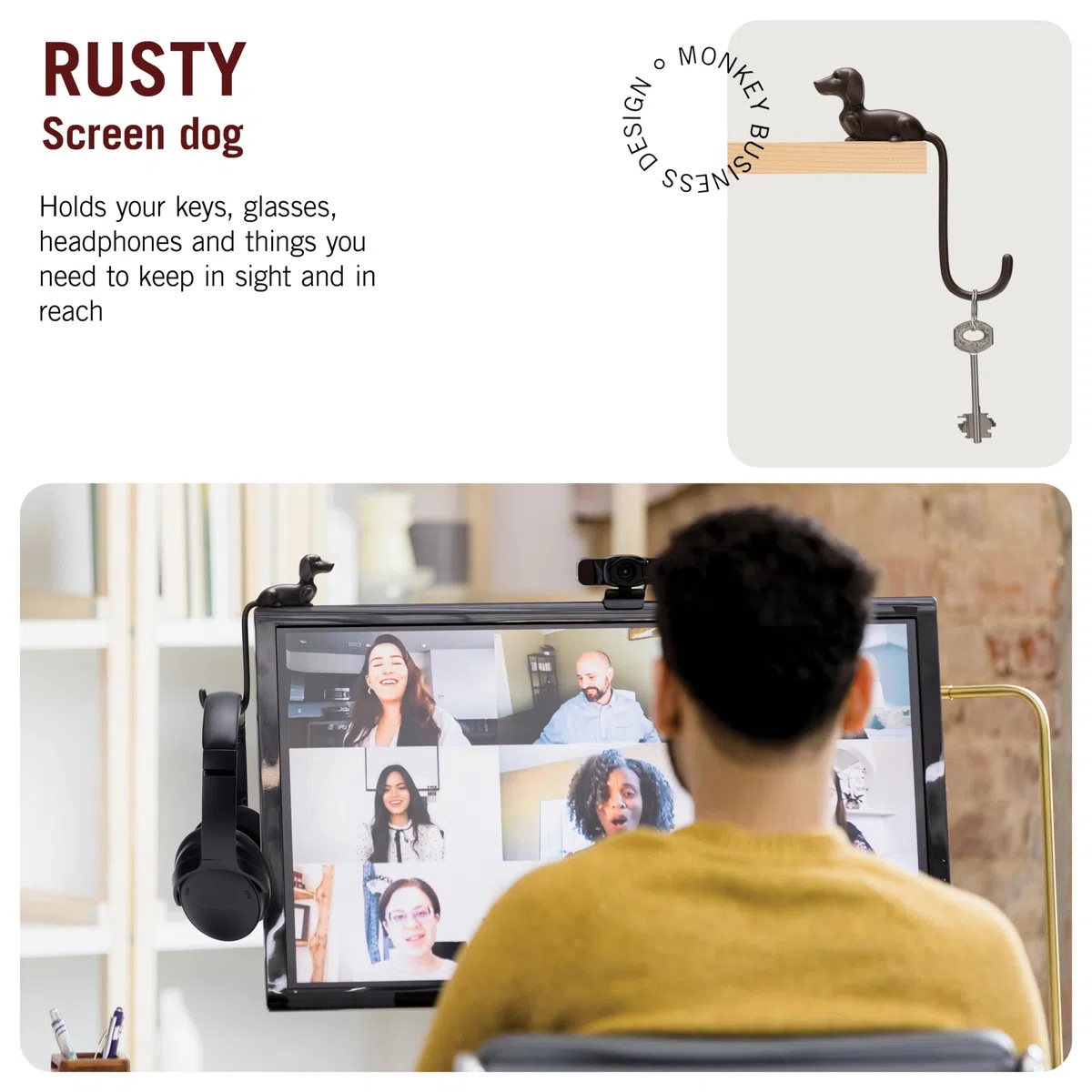 Monkey Business Rusty haczyk na monitor, uchwyt na słuchawki i organizer, dekoracyjny haczyk samoprzylepny na klucze, kabel, kapelusze i akcesoria komputerowe - brązowy