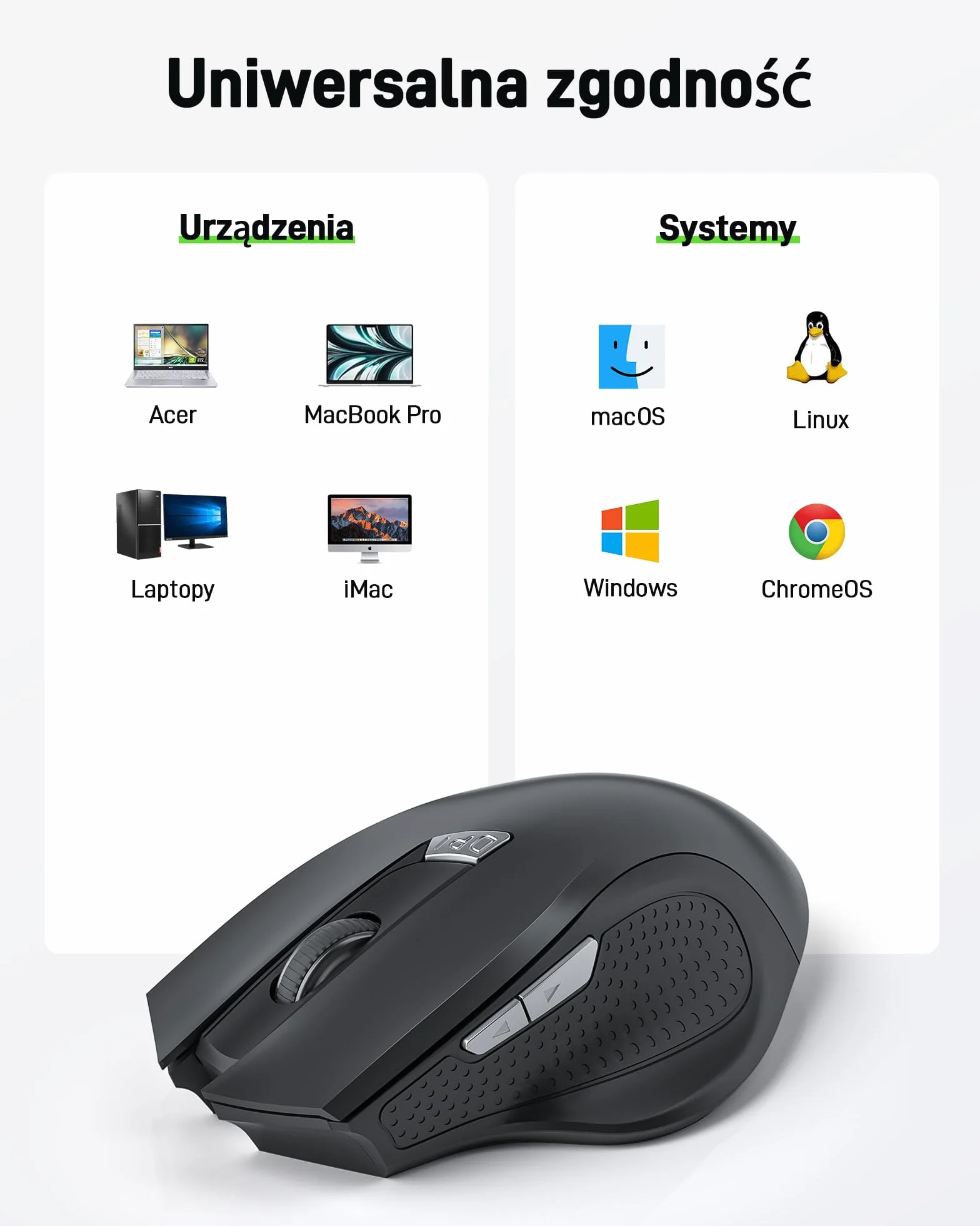 acer Bezprzewodowa mysz do laptopa, bezprzewodowa mysz komputerowa 2,4 GHz z odbiornikiem USB, 3 regulowane DPI, 6 przycisków, ergonomiczna mysz USB zgodna z MacBookiem Pro/Air, Chromebookiem itp.