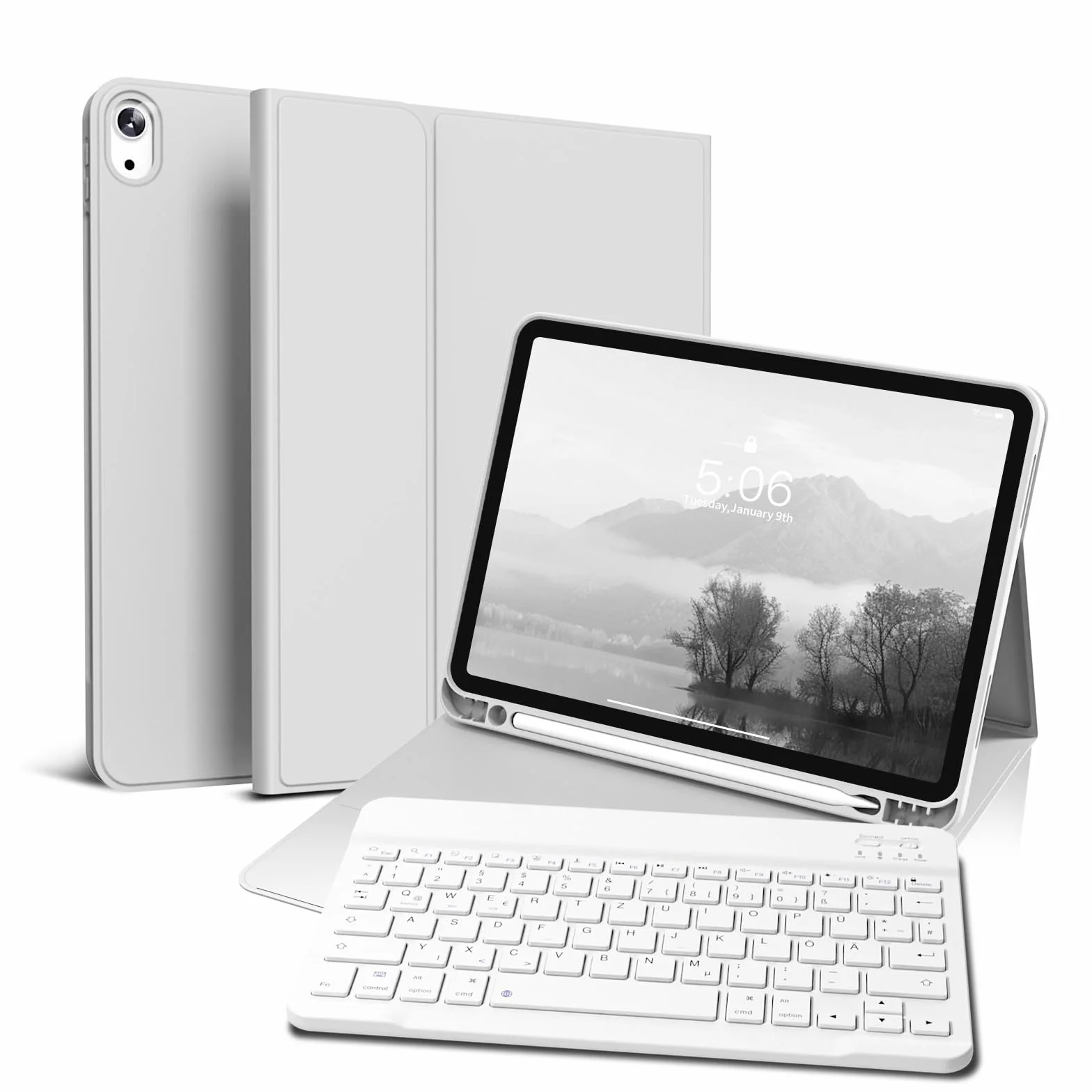 Etui z klawiaturą do iPada Air 11 cali 2025 2024 (M3/M2), iPad Air 5 4 2022/2020 10,9 cala, miękka tylna obudowa TPU z uchwytem na długopis, magnetyczne zdejmowane etui na klawiaturę, szare