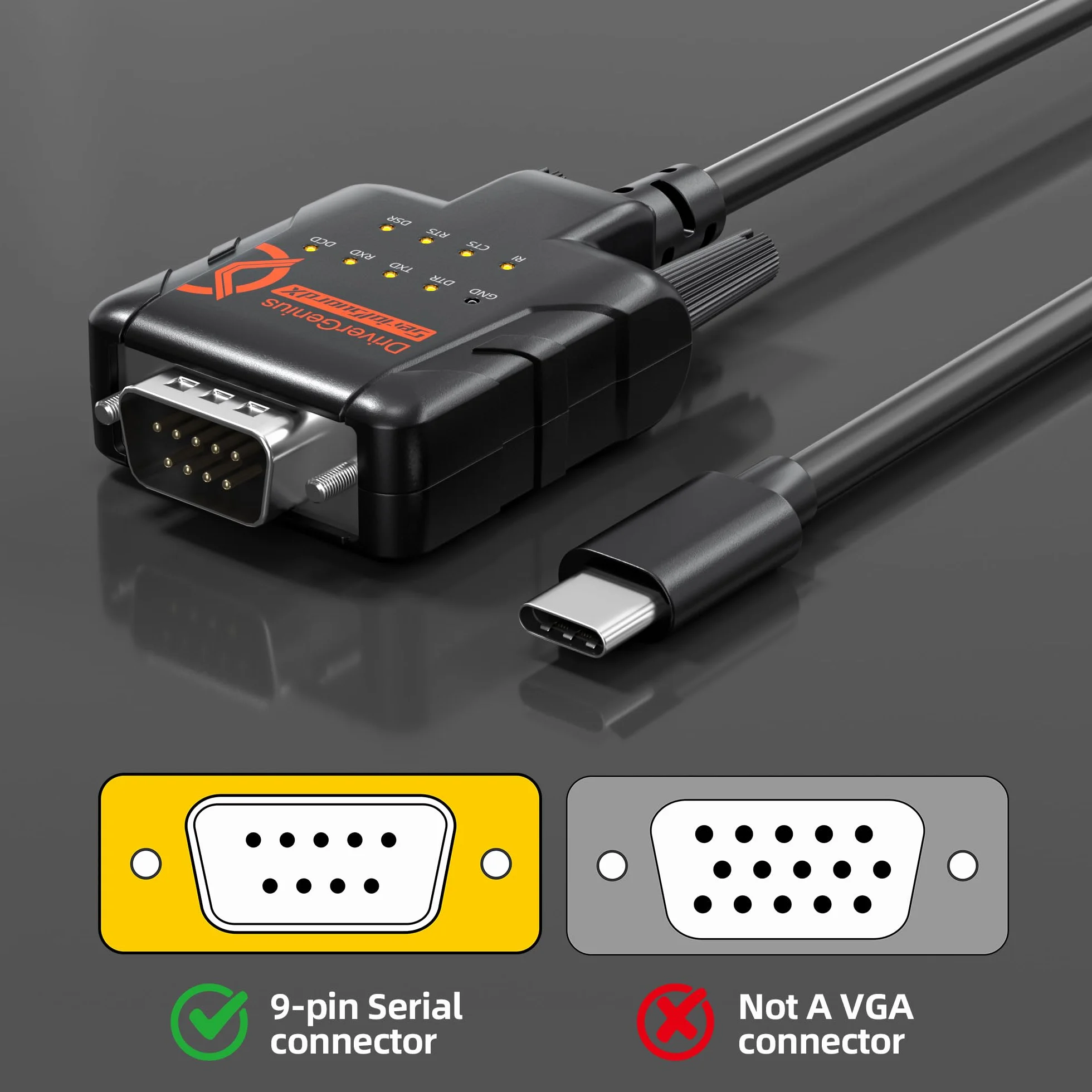 DriverGenius SerialGuardX Series | Adapter USB do RS232 FTDI Szeregowego, 9 Diod LED Monitorujących Dane - Kompatybilny z Windows 11/macOS 15/Linux, dla inżynierów i techników (RS232-ESD9C)