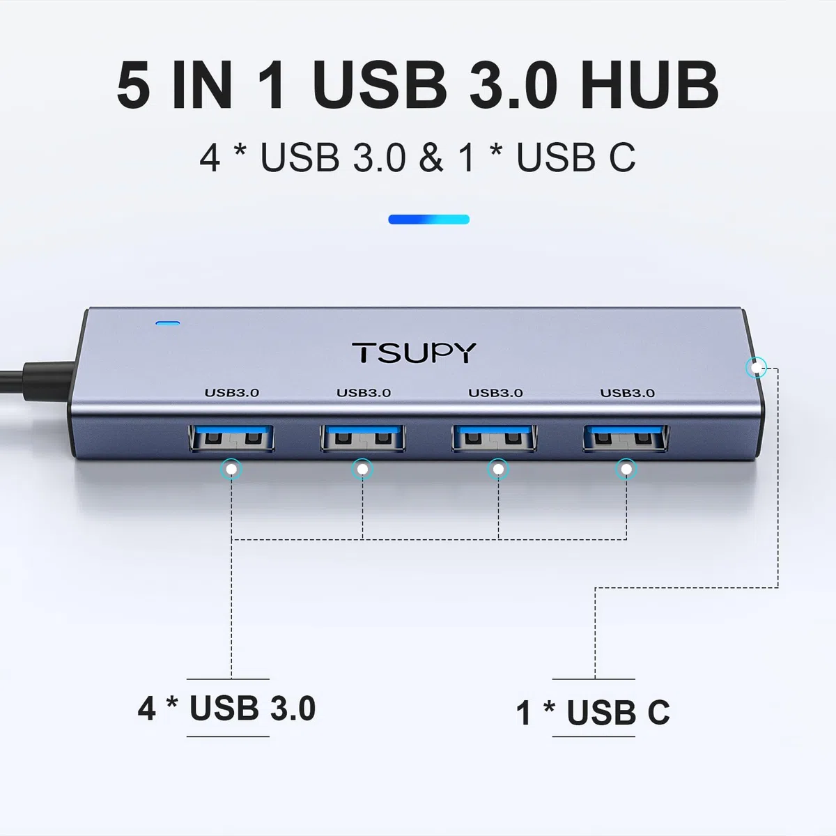 TSUPY Koncentrator USB 3.0 - Aluminiowy Hub Z 4 Portami, Przedłużacz 120 cm, Rozdzielacz 5 Gb/s Do MacBooka, iMaca, Surface Pro, XPS, Notebooka, Pamięci i Więcej