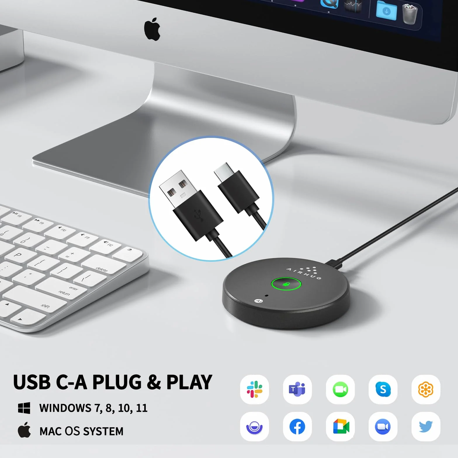 AIRHUG Konferencyjny mikrofon USB z przyciskiem wyciszenia LED, wielokierunkowy pojemnościowy Plug & Play
