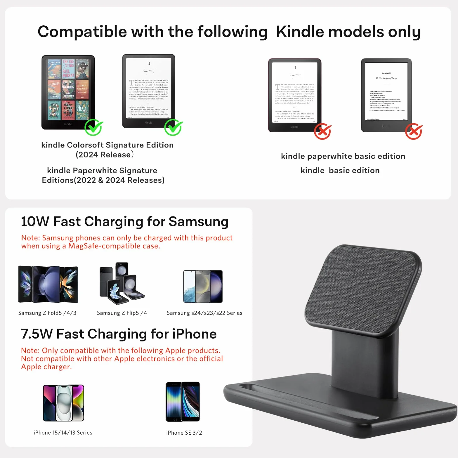 CoBak Bezprzewodowa stacja ładująca, kompatybilna z iPhone/Kindle Colorsoft Signature Edition/Paperwhite Signature Edition/telefonami Samsung, bezprzewodowa stacja ładująca do urządzeń bezprzewodowych