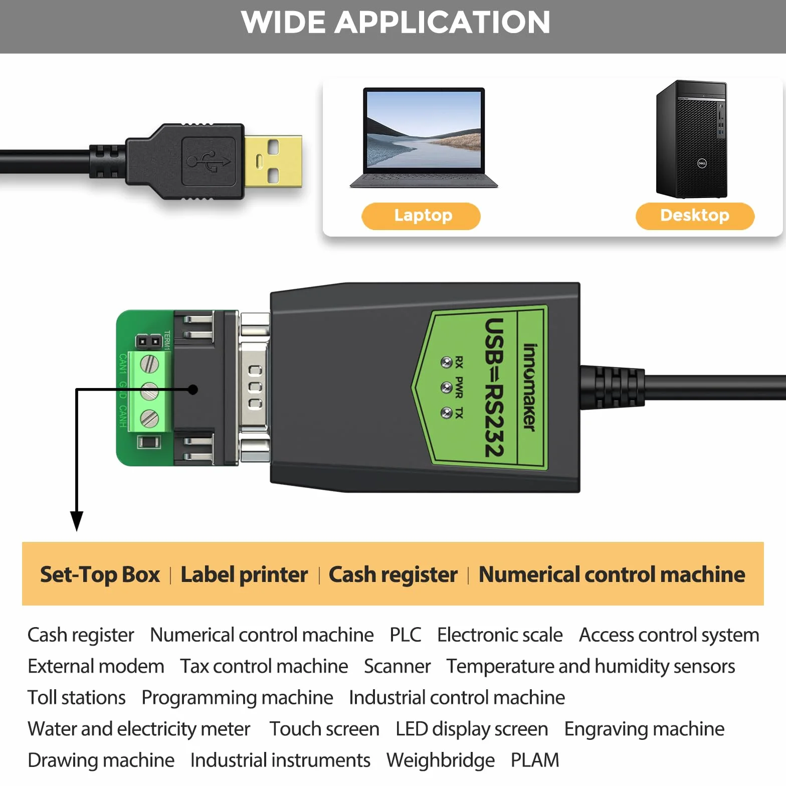 InnoMaker Przemysłowy adapter USB na szeregowy RS232, USB na DB9 męski, Chipset FTDI, Ochrona ESD, Izolacja sygnału/zasilania, Zgodny z Windows 11,10,XP, Mac OS, Android, Linux