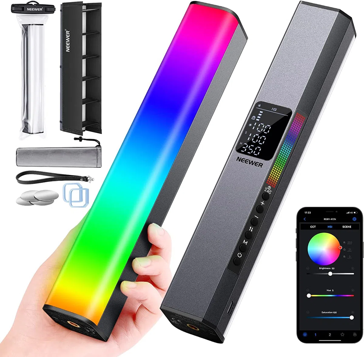 NEEWER RGB LED Video Light Stick Bar Touch Bar i sterowanie aplikacją, magnetyczna różdżka do oświetlenia, możliwość ściemniania 3200K ~ 5600K CRI98+ kolorowe światło LED z baterią 6400mAh, 17 scen