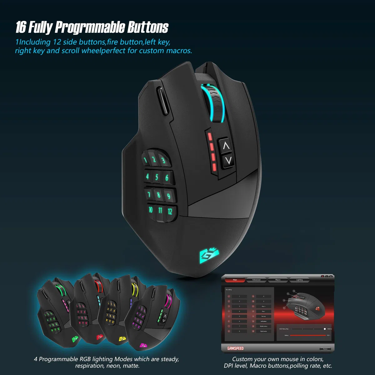 Gamspeed V8 Pro RGB MMO bezprzewodowa mysz do gier, 16 000 DPI, technologia 2,4 GHz, ergonomiczna konstrukcja, uchwyt palmowy, chromowane oświetlenie, 16 przycisków