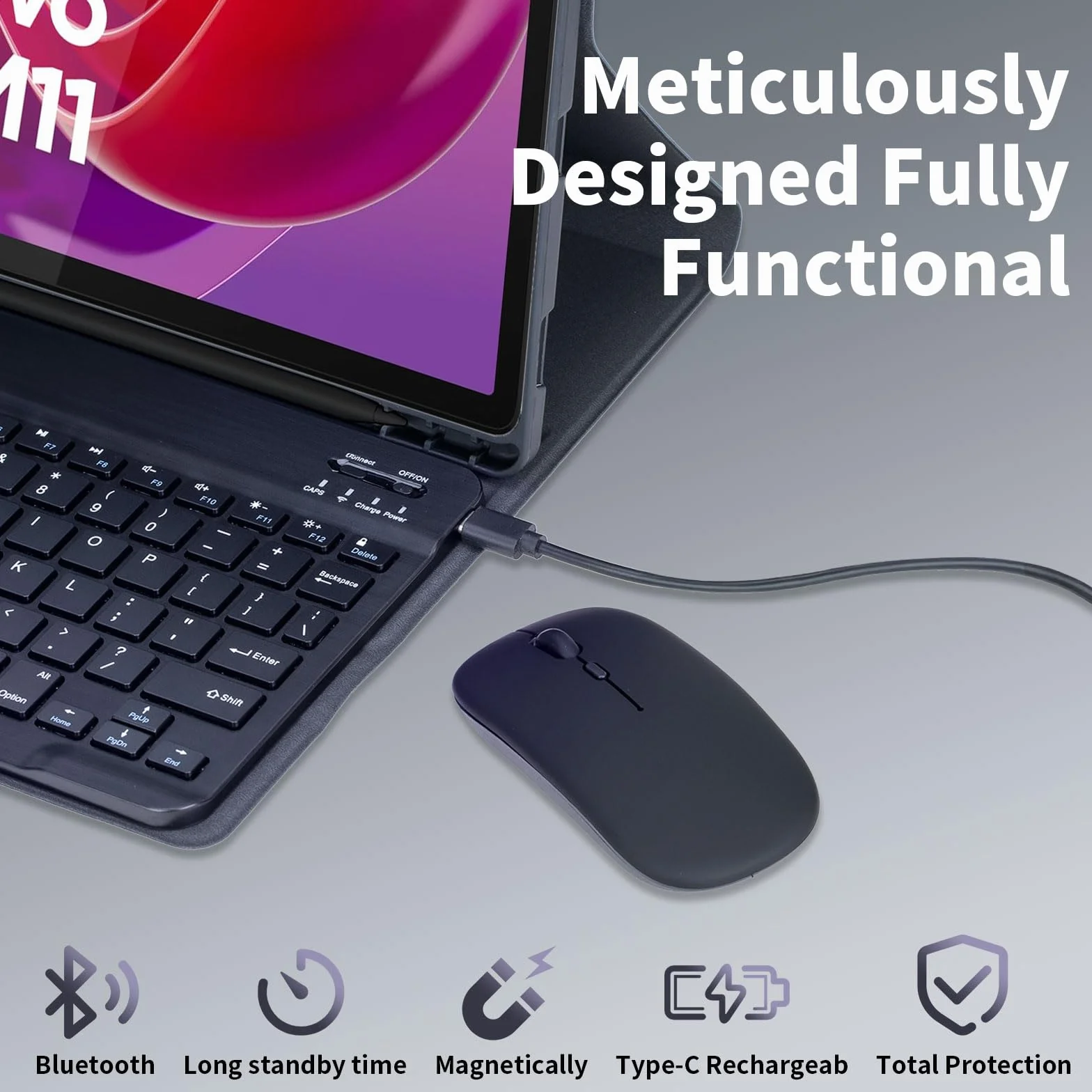 Keyboard Case for Lenovo Tab M11 11-calowy model 2024 (TB330FU/TB330XU) z myszką, odłączaną bezprzewodową klawiaturą Bluetooth, ultracienkie etui,Black