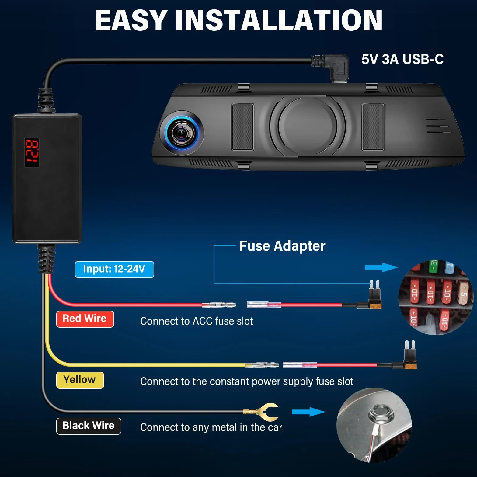 Zestaw okablowania kamery Dash Cam mini USB Hardwire 12V-24V w 5V z ochroną niskiego napięcia