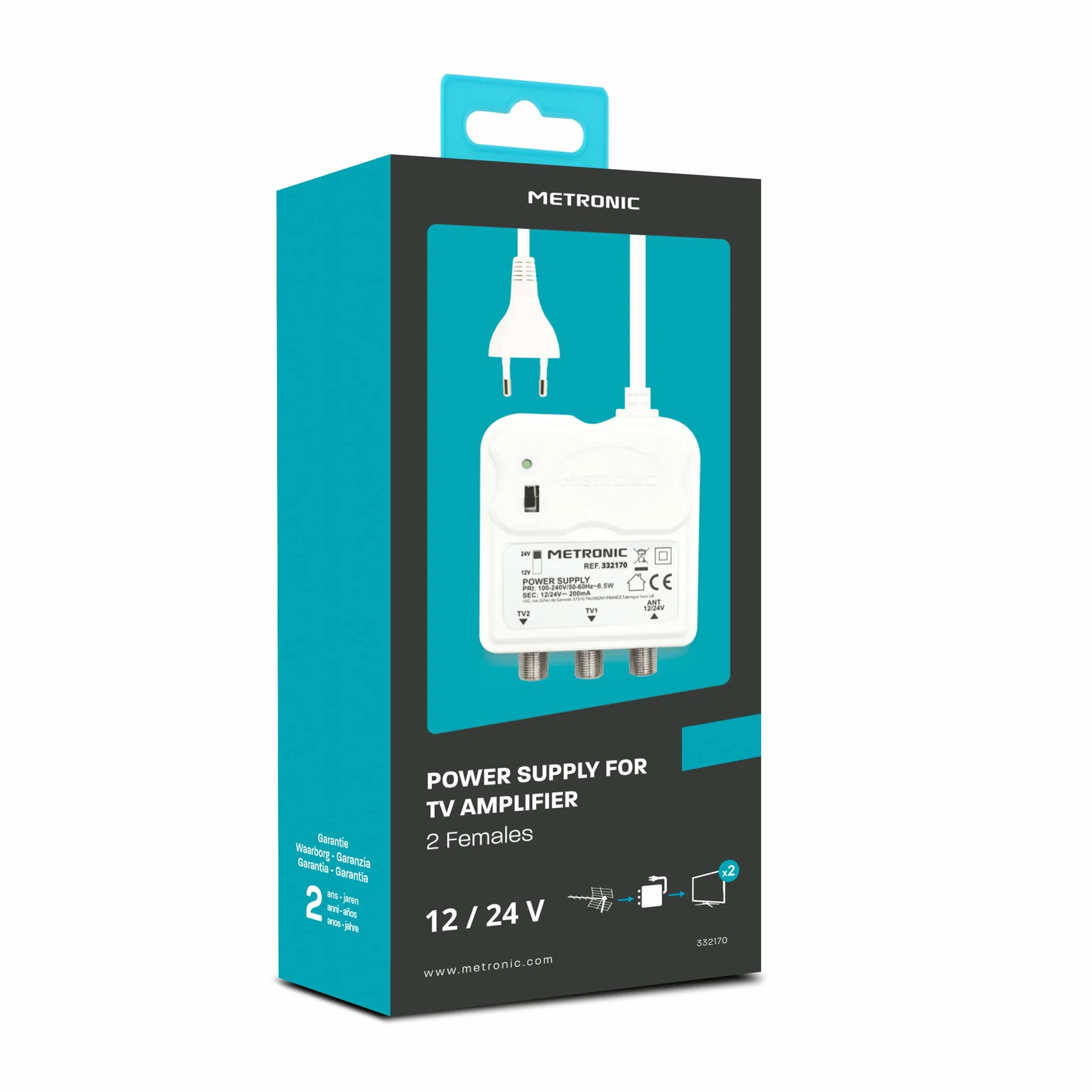 METRONIC 332170 Wzmacniacz wewnętrzny 2 wyjścia TV 9,52 mm Zasilacz 12/24V Biały