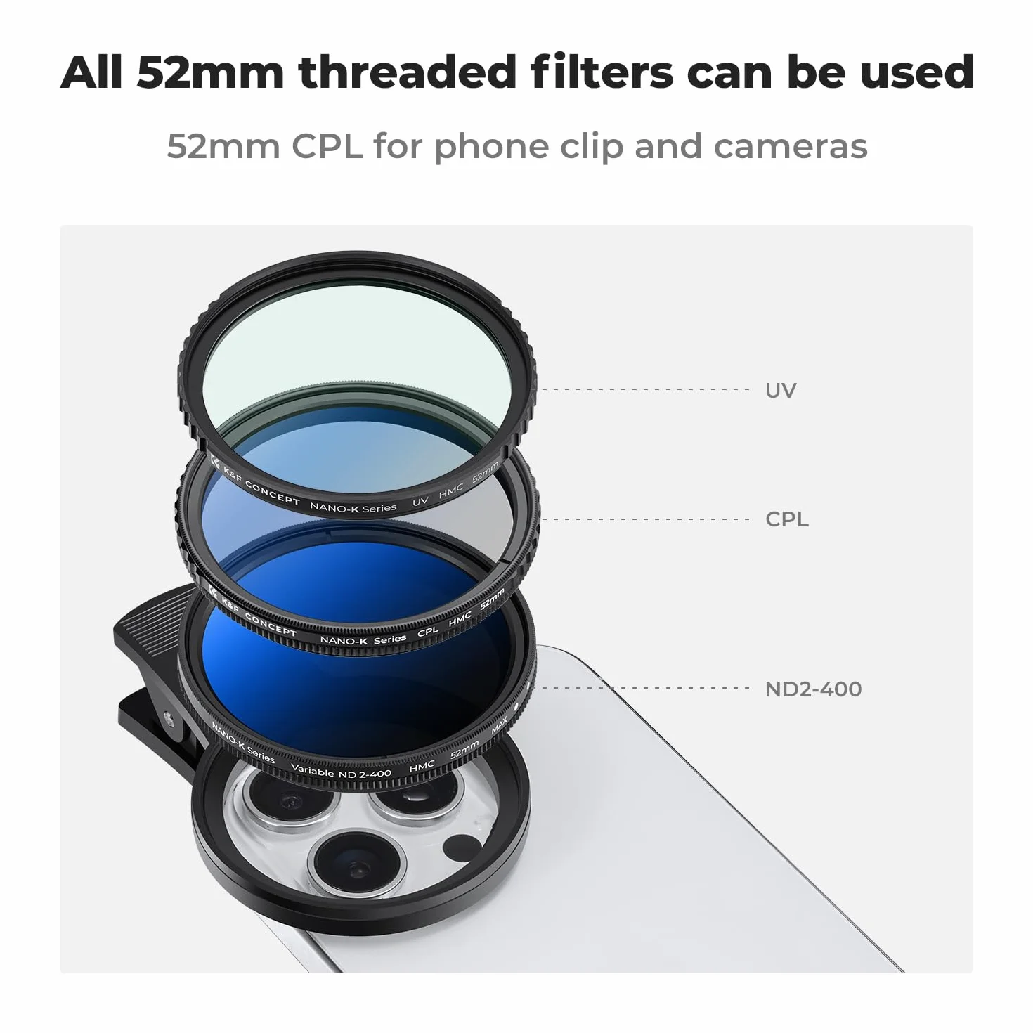 K&F Concept Uniwersalny zestaw filtrów CPL 52 mm do aparatu komórkowego