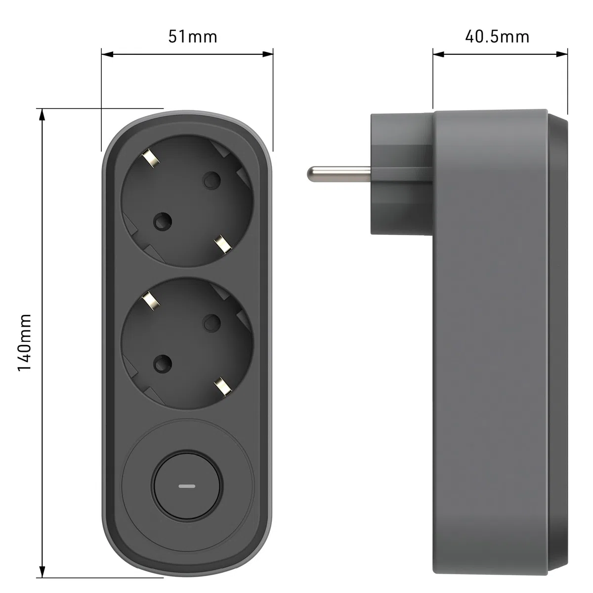 Electraline 55106 Prima podwójny adapter 2 gniazda wtykowe 16 A (2P+A) z uziemieniem przednim, z włącznikiem/wyłącznikiem, listwa zasilająca z 2 gniazdami z zestykiem ochronnym, czarny/szary