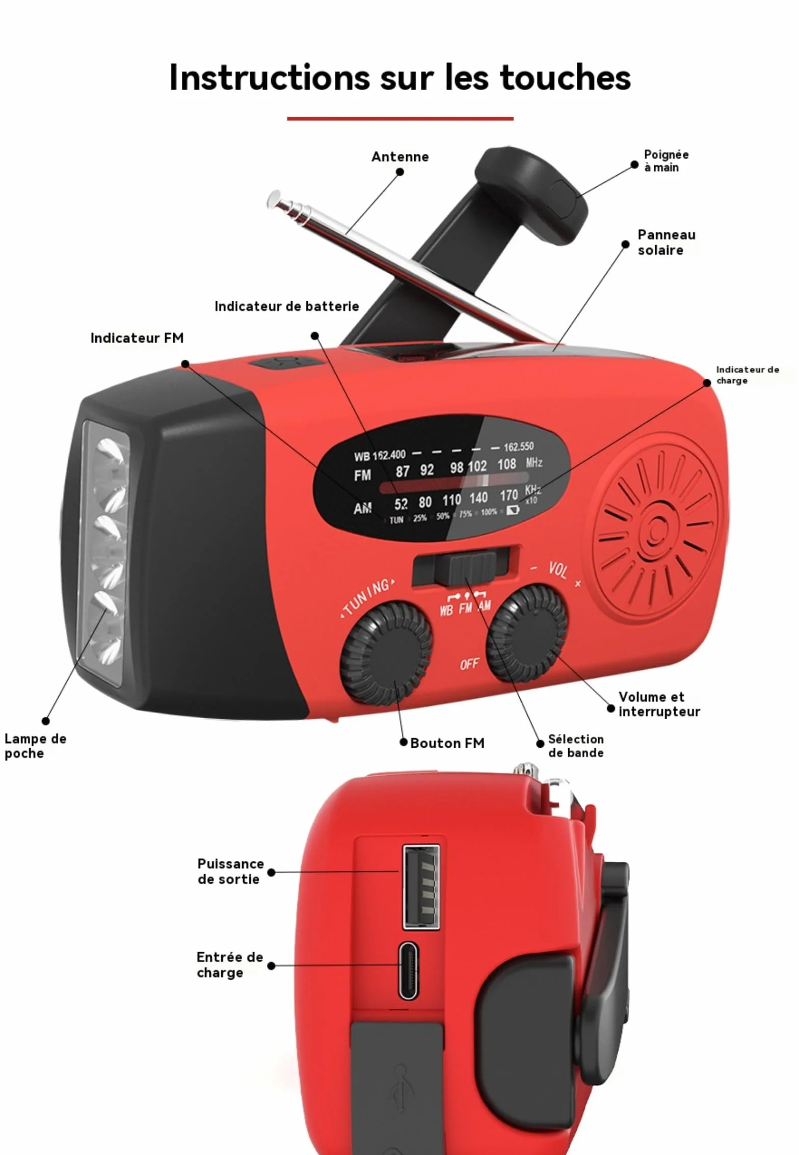 Radio awaryjne z baterią zewnętrzną 2000 mAh, ładowanie słoneczne/korbowe, AM/FM/WB, alarm SOS i lampka do czytania - wodoszczelność IPX4 do przetrwania na zewnątrz