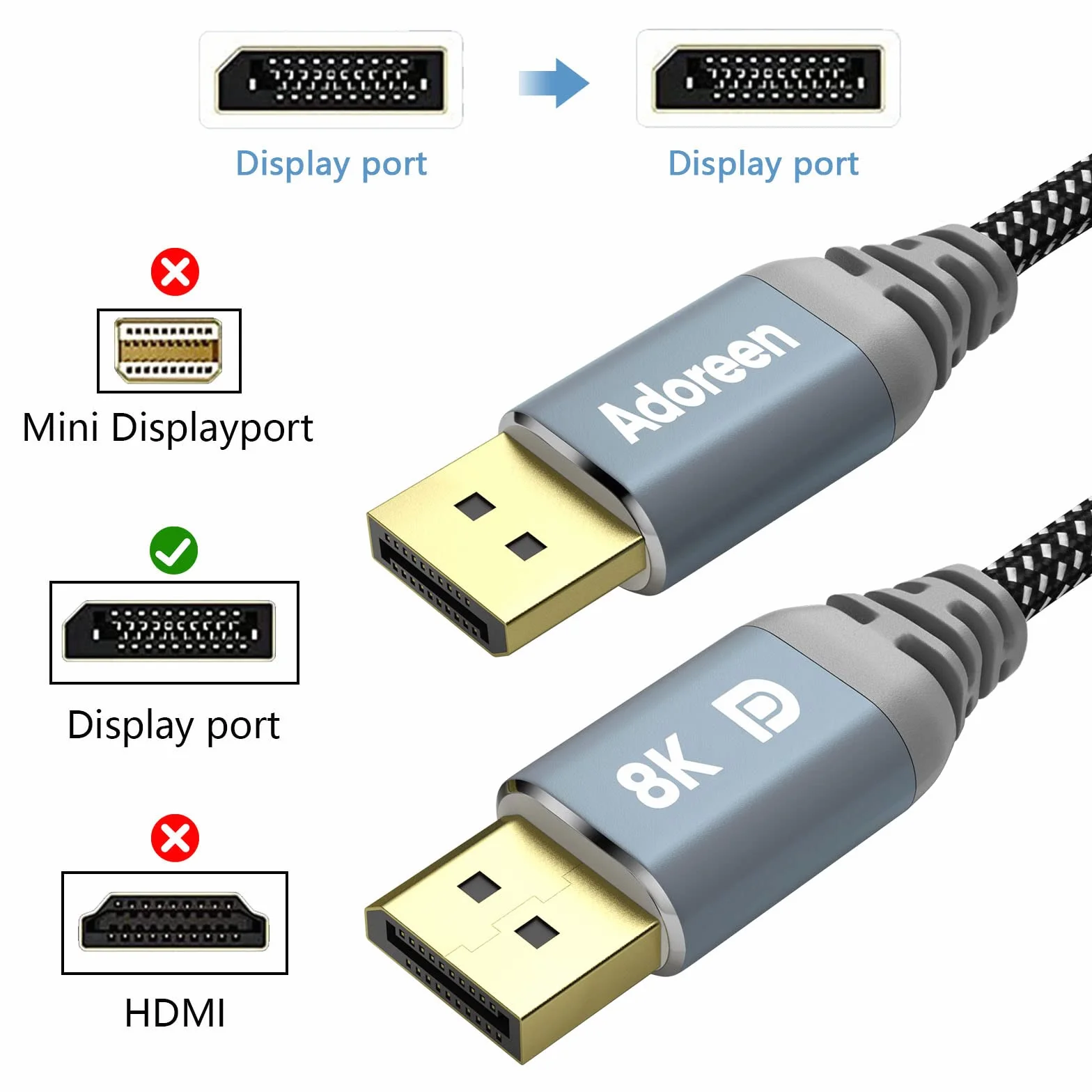 Kabel 8K DisplayPort 1.4, 2 sztuki, kabel Adoreen DP (od 1,5-30FT) 8K przy 60 Hz 4K przy 144 Hz 2K 1080P 240Hz 32,4 Gb/s HBR3 HDCP HDR, FreeSync G-Sync, pleciony port wyświetlacza do grafiki monitora