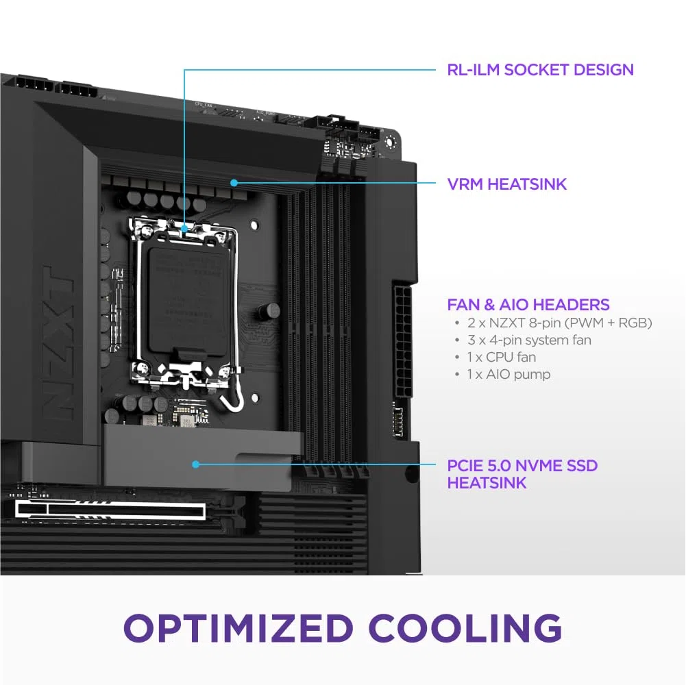 NZXT N7 Z890 - Płyta Główna ATX Intel Z890 LGA 1851 - Czarny | Płyta główna Intel Z890 ATX pod Core Ultra Series 2. Wi-Fi, PCIe 5.0, DDR5 i pełna metalowa osłona RGB. Czysta, mocna baza.