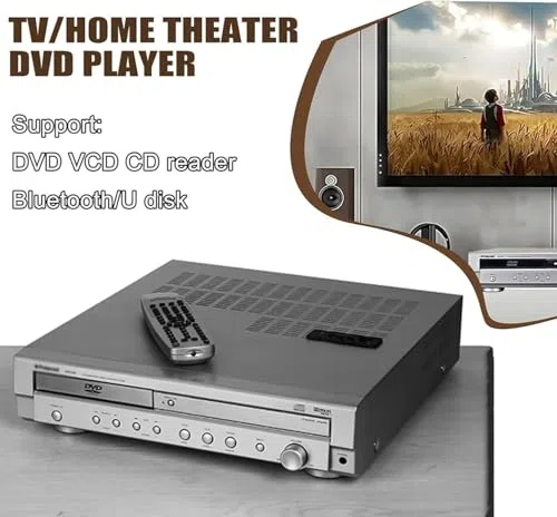 Wzmacniacz kina domowego z odtwarzaczem DVD i pilotem zdalnego sterowania, 5.1-kanałowy dźwięk przestrzenny, obsługuje USB, wyjście optyczne i koncentryczne, regulacja głośności do kina i użytku