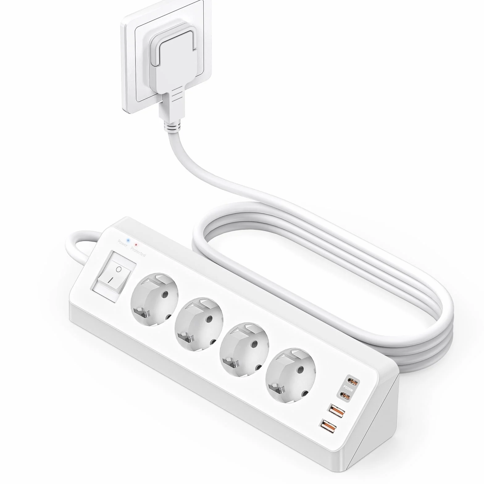 SUDEERY – Listwa z 4 gniazdami z USB C (PD 20 W), listwa zasilająca z 4 gniazdami z USB i przełącznikiem, ochrona przeciwprzepięciowa z kablem 2 m, do kuchni (biała)