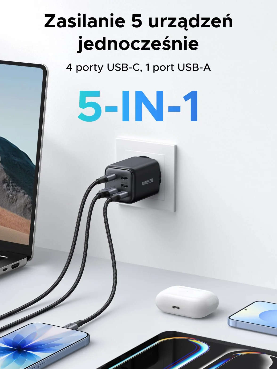 UGREEN Ładowarka USB C 45 W 5-portowa szybka ładowarka GaN Zasilacz PPS Adapter ładowarki PD Kompatybilna z Galaxy S25 Ultra, S24, iPhone 17 Pro Max, MacBook Air, iPad, Tab A8, Pixel 9