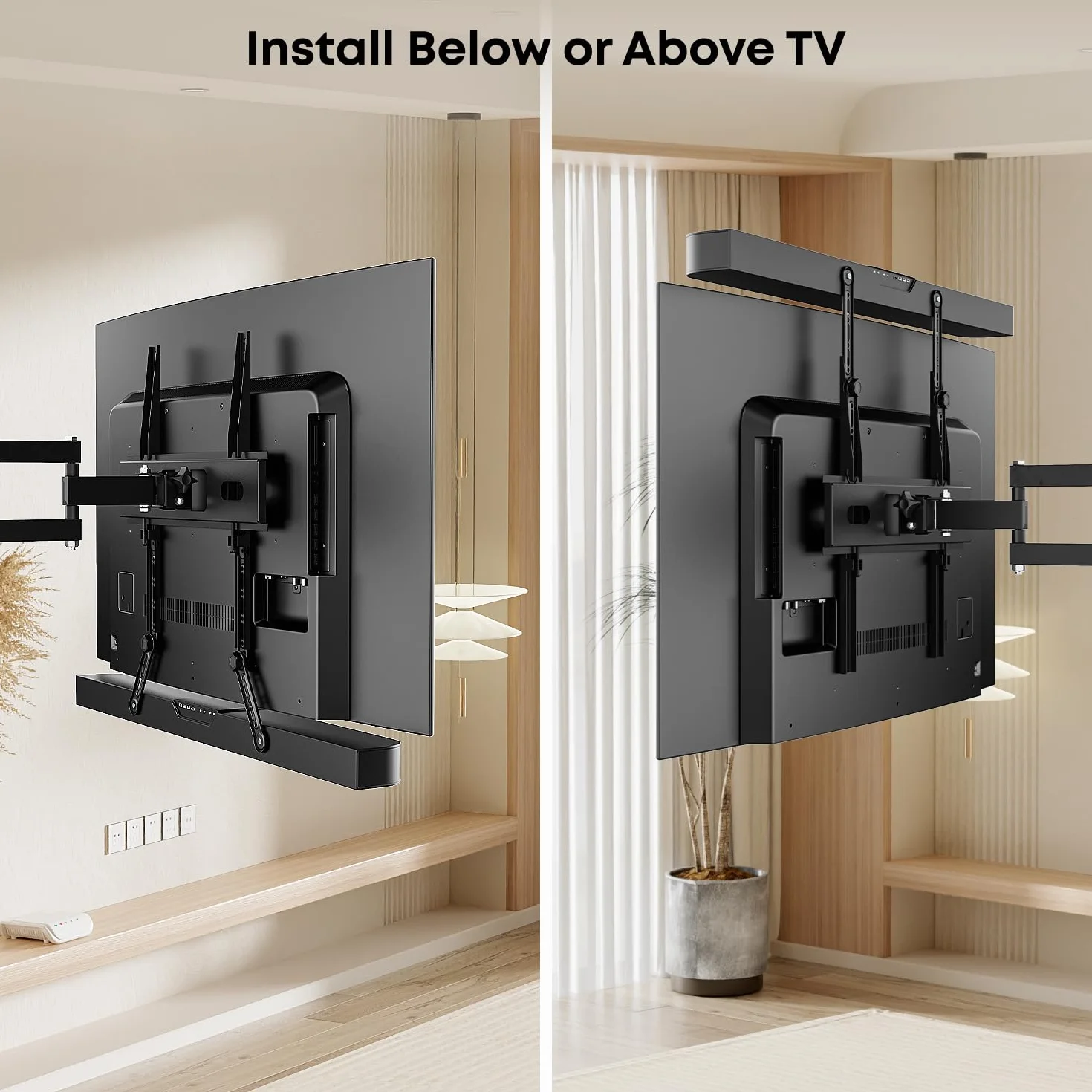Uniwersalny uchwyt na soundbar do montażu pod lub nad telewizorem, pasuje do większości soundbarów do 15 kg, do maks. 90" TV, uchwyt soundbar na telewizorze bez wiercenia